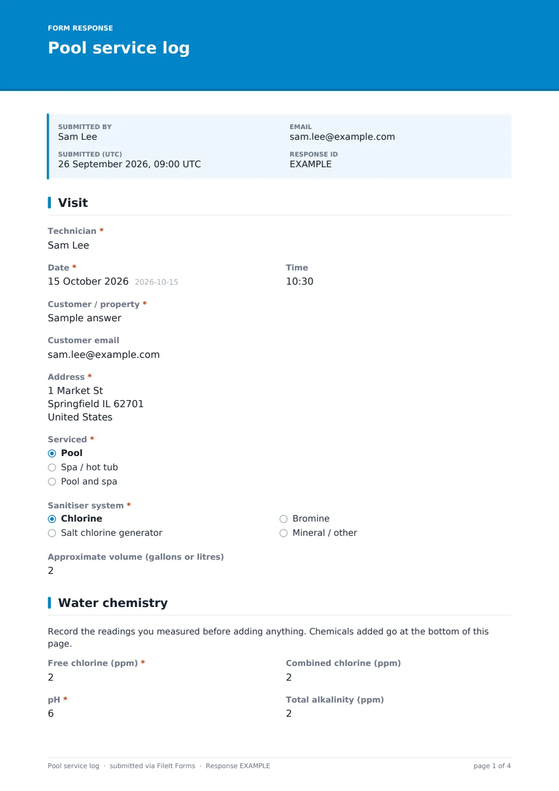Pool service log — example response PDF, page 1 of 4