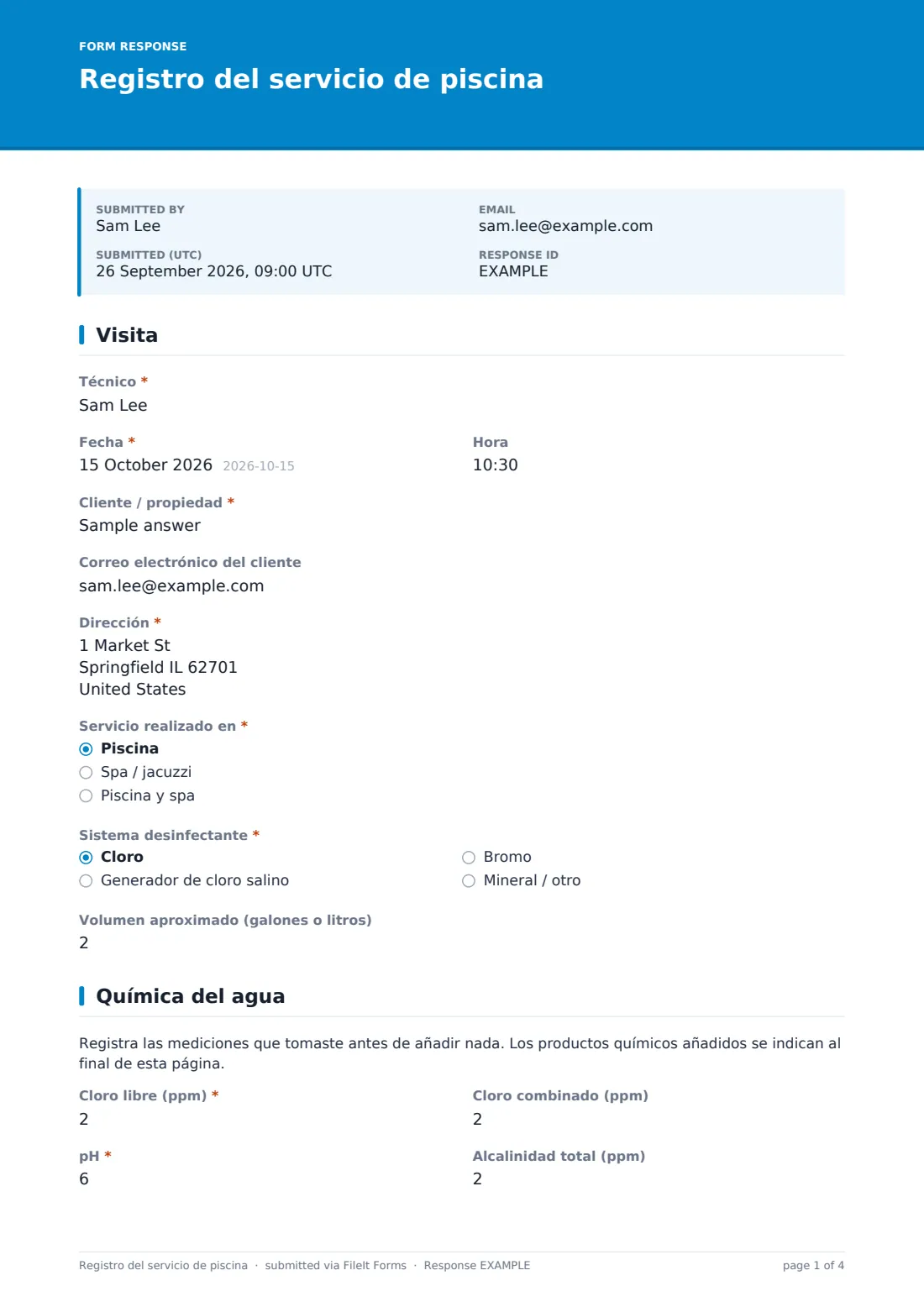 Registro del servicio de piscina — PDF de respuesta de ejemplo, página 1 de 4