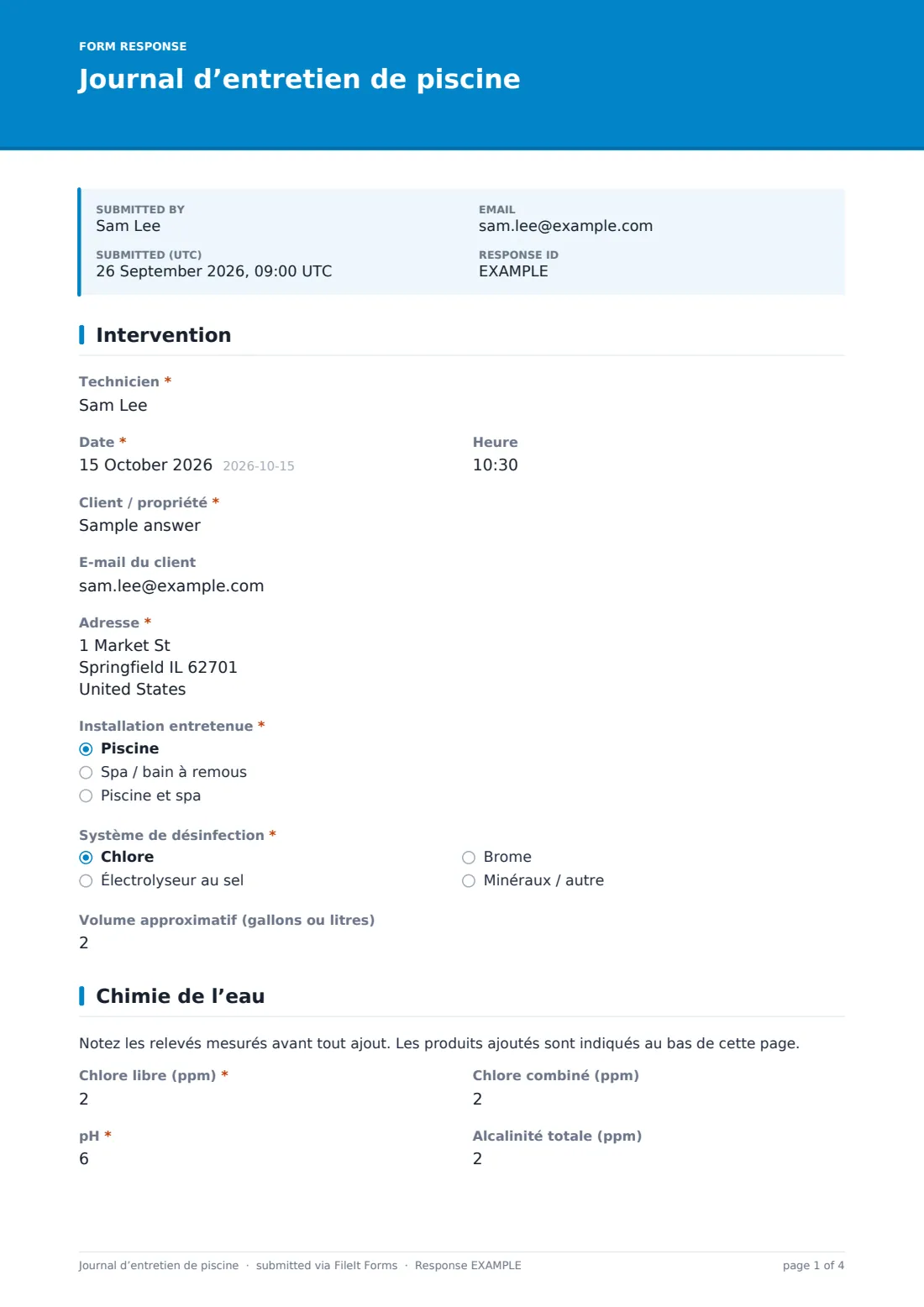 Journal d’entretien de piscine — exemple de réponse au format PDF, page 1 sur 4