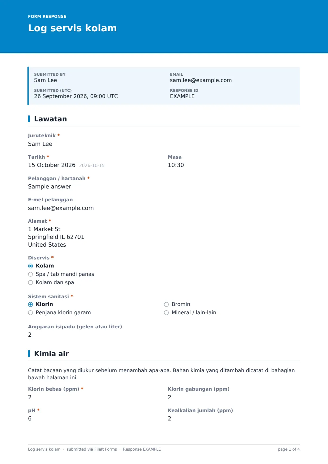 Log servis kolam — PDF respons contoh, halaman 1 daripada 4
