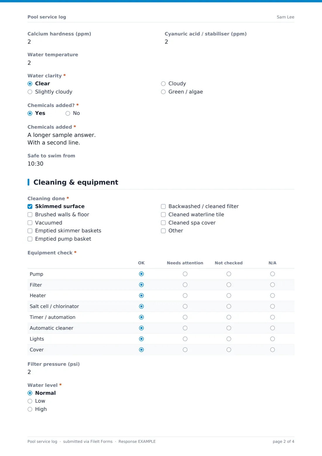 Pool service log — example response PDF, page 2 of 4