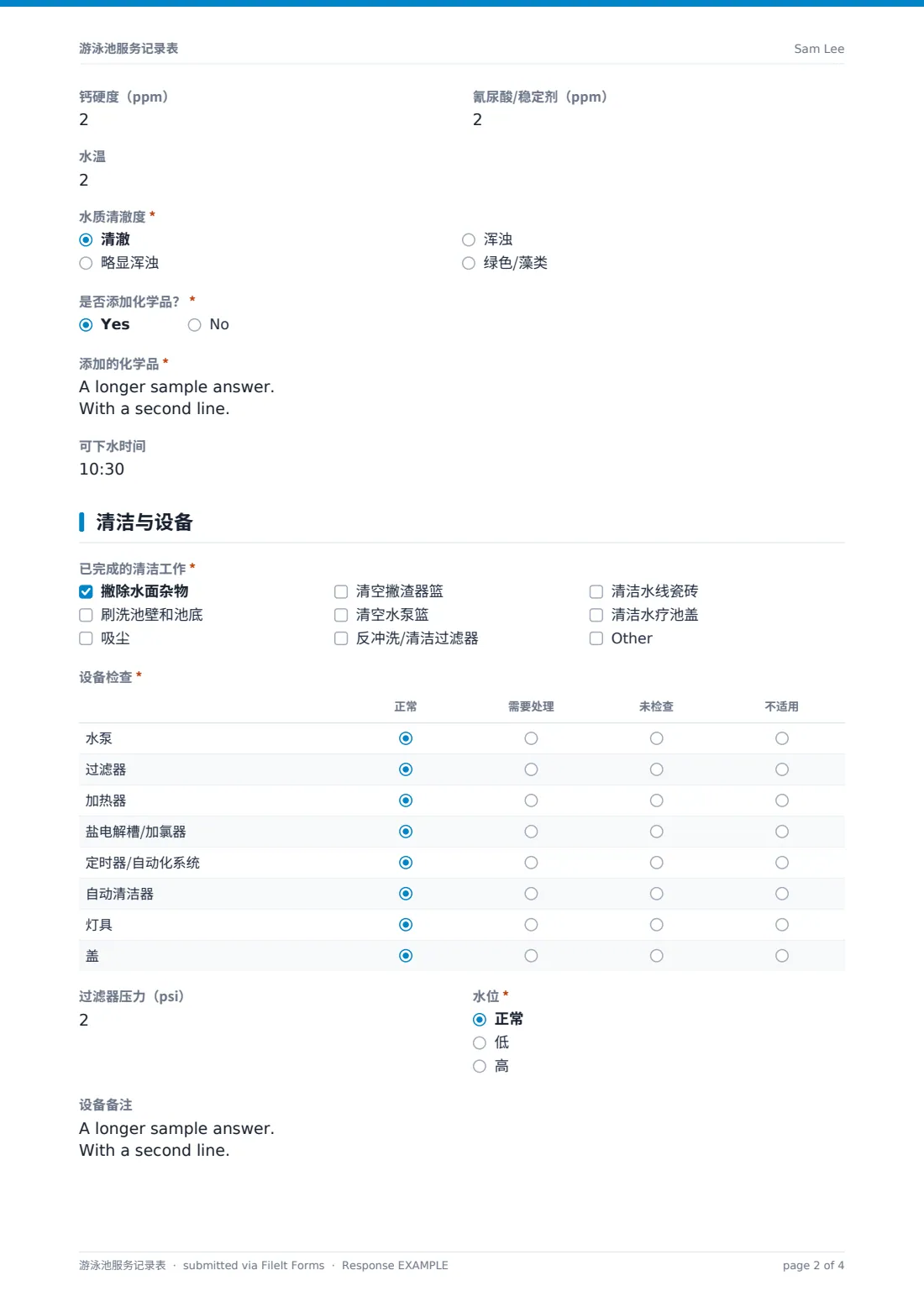 游泳池服务记录表 — 示例回复 PDF，第 2 页，共 4 页