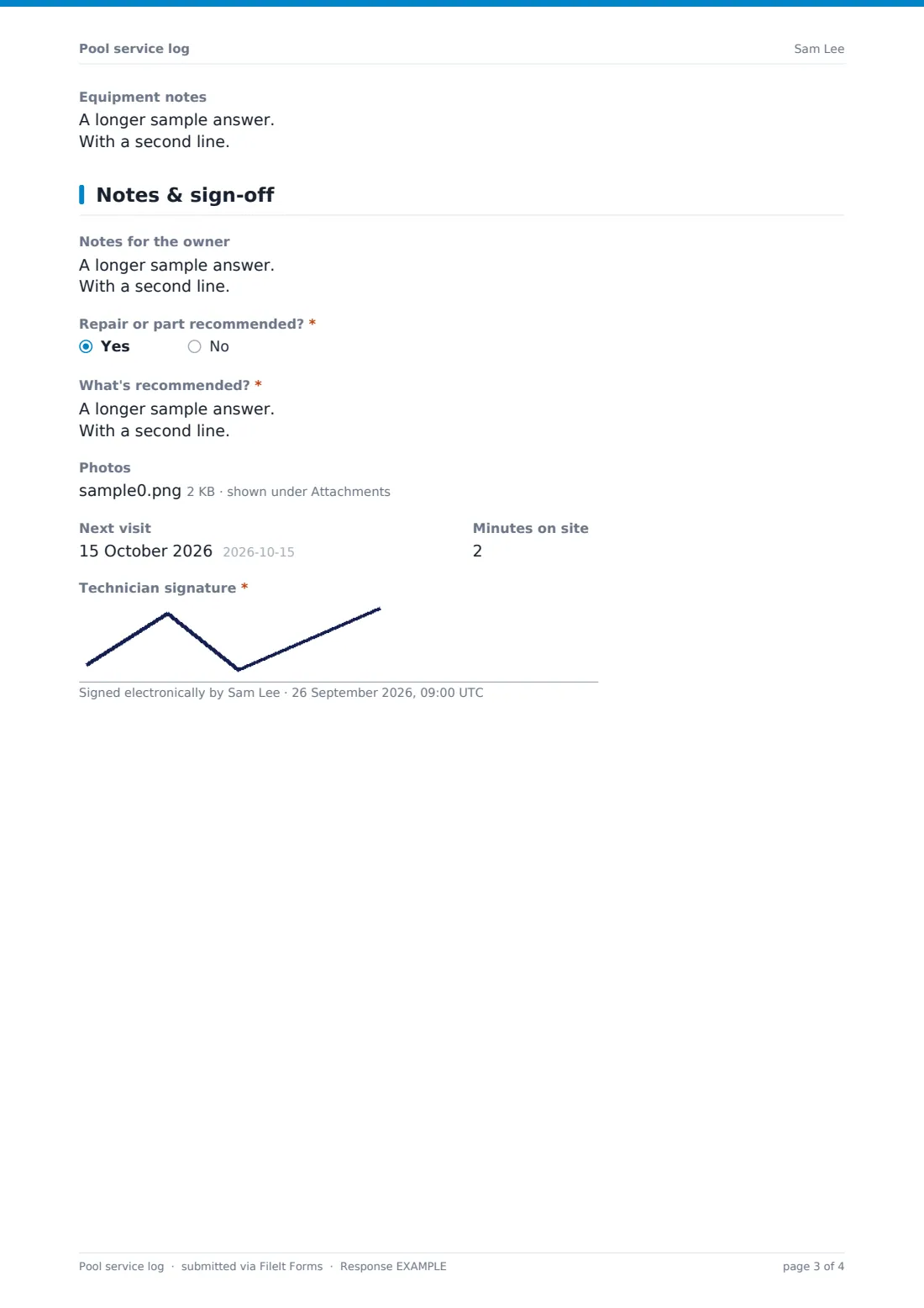 Pool service log — example response PDF, page 3 of 4