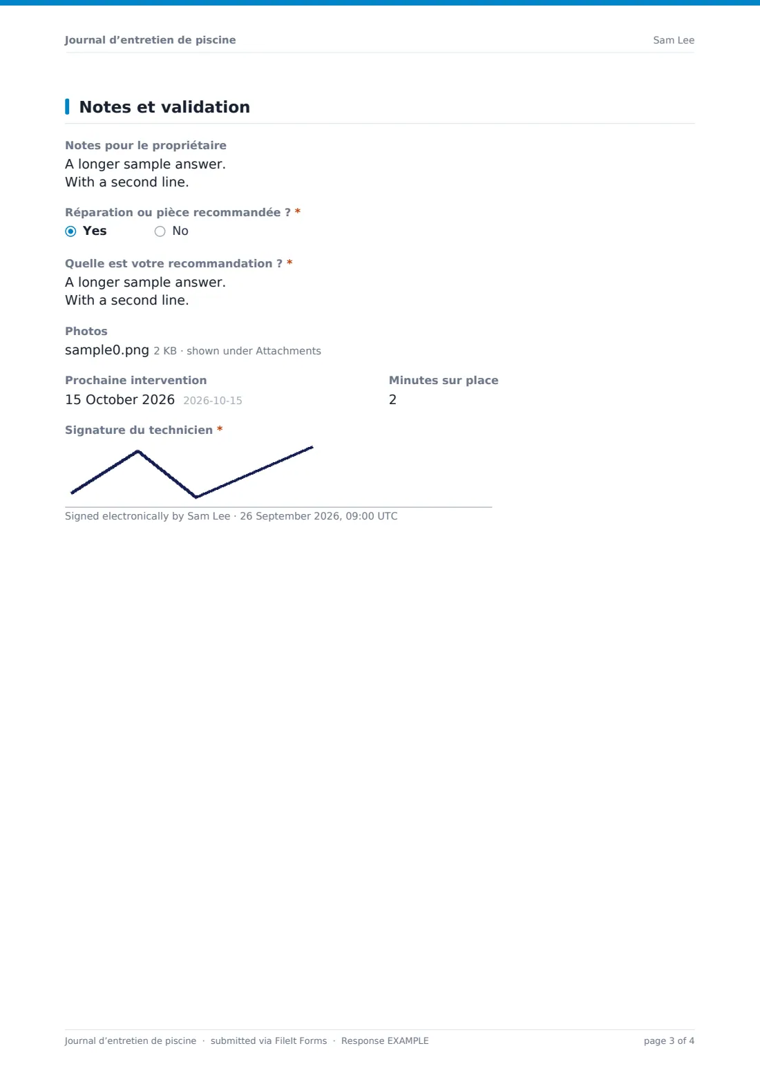 Journal d’entretien de piscine — exemple de réponse au format PDF, page 3 sur 4
