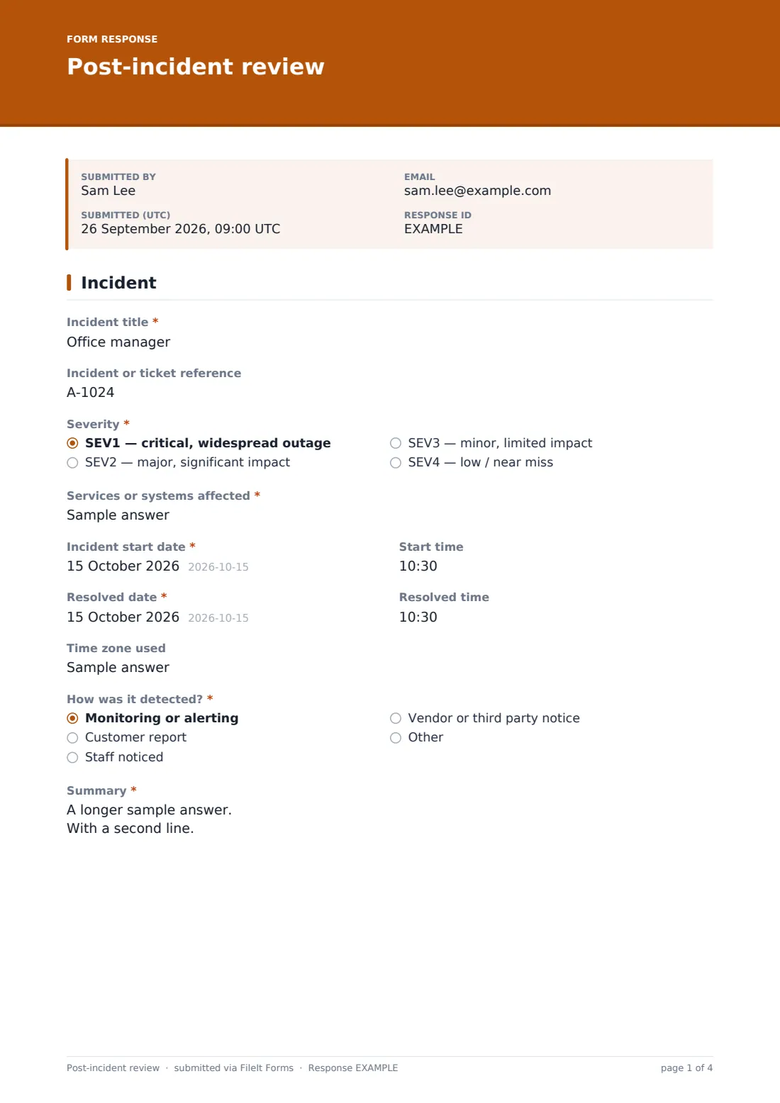 Post-incident review — example response PDF, page 1 of 4