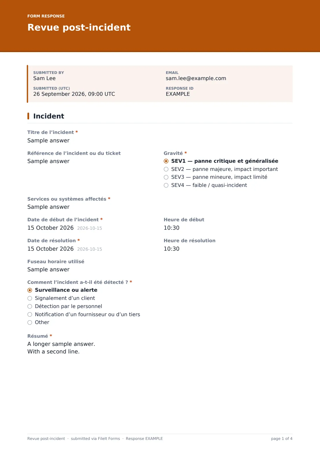 Revue post-incident — exemple de réponse au format PDF, page 1 sur 4