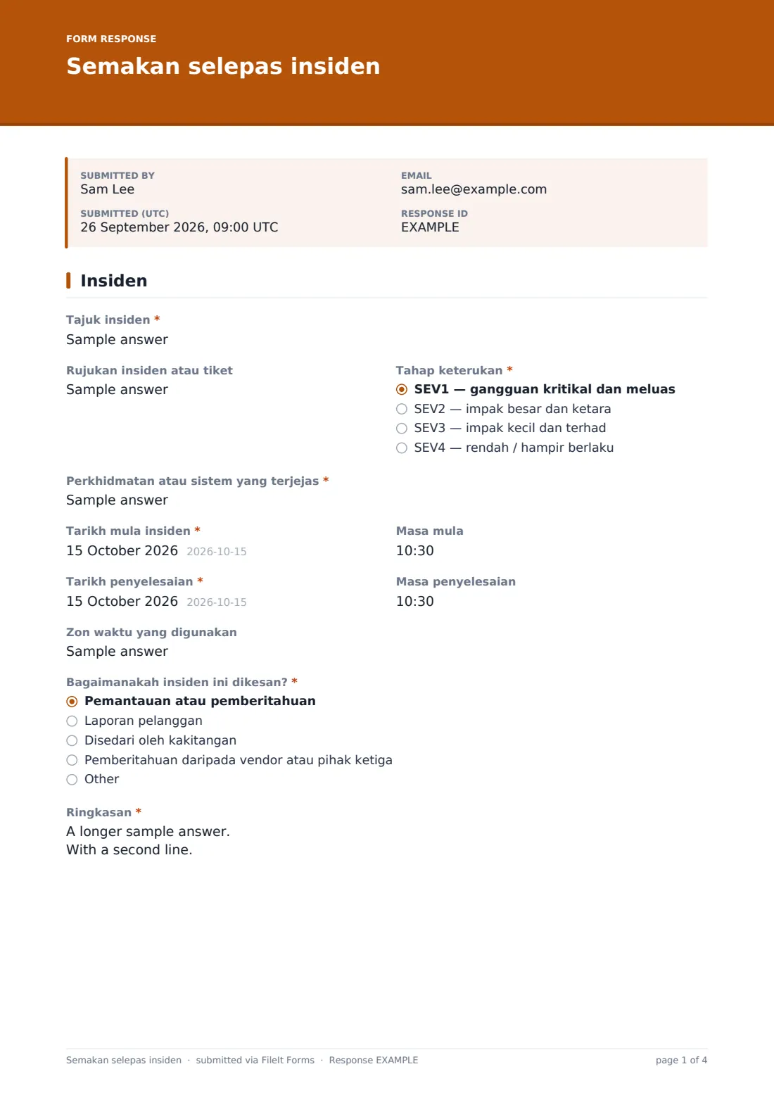 Semakan selepas insiden — PDF respons contoh, halaman 1 daripada 4