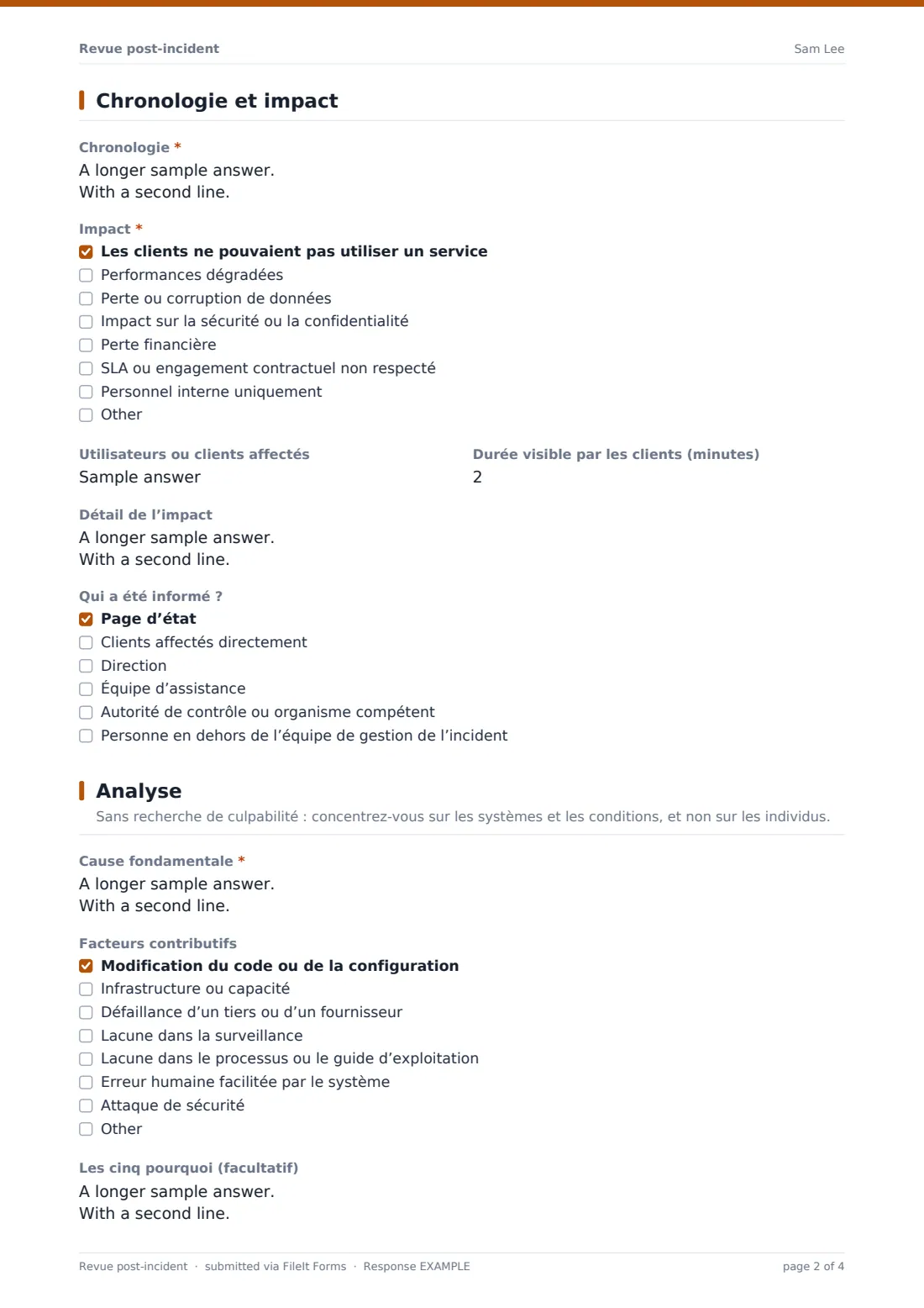 Revue post-incident — exemple de réponse au format PDF, page 2 sur 4