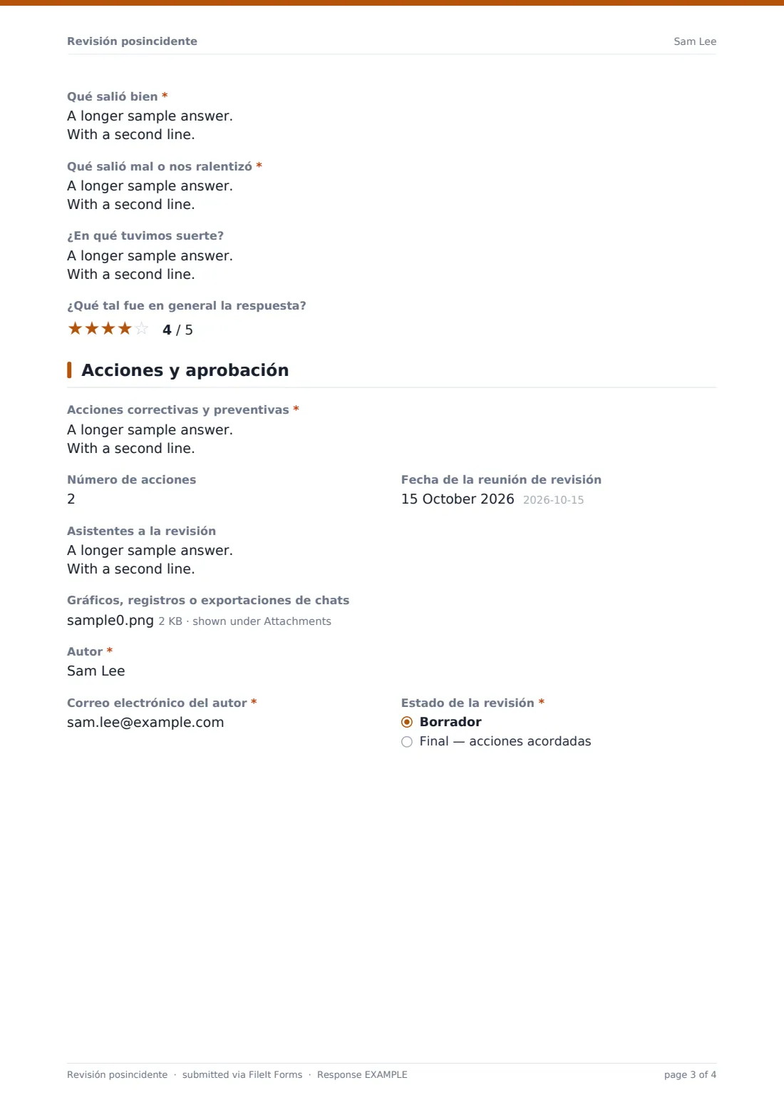 Revisión posincidente — PDF de respuesta de ejemplo, página 3 de 4