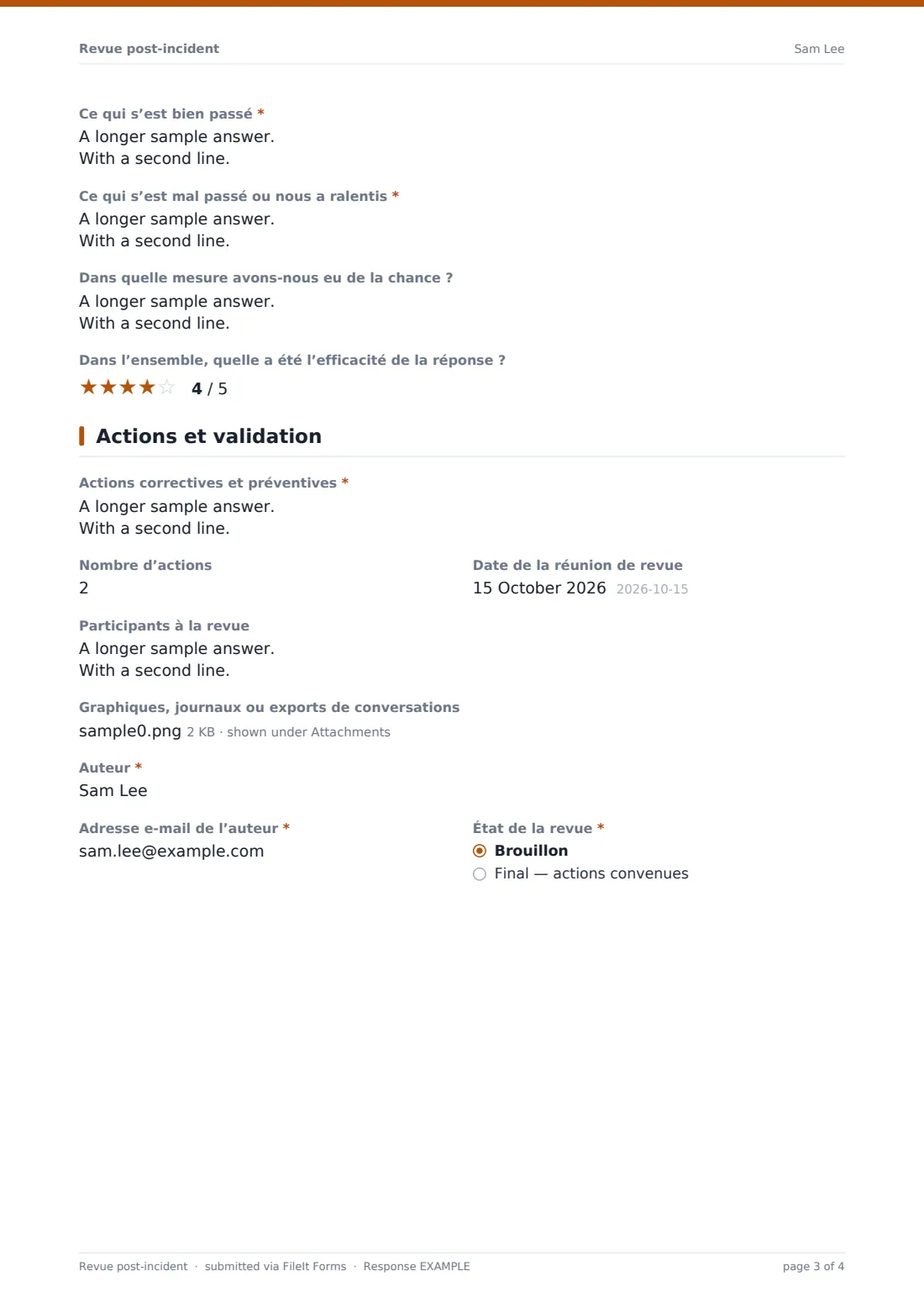 Revue post-incident — exemple de réponse au format PDF, page 3 sur 4