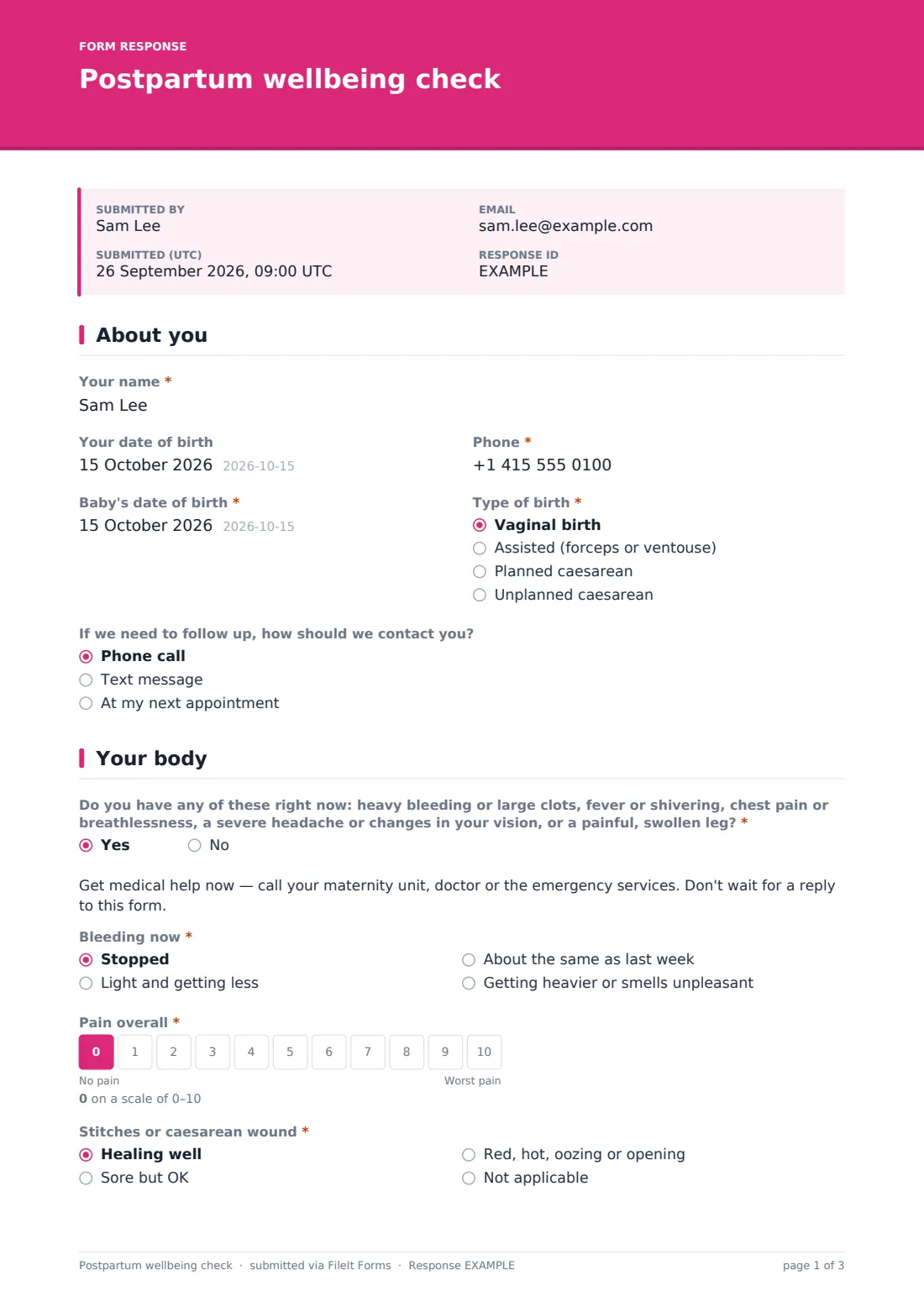 Postpartum wellbeing check — example response PDF, page 1 of 3