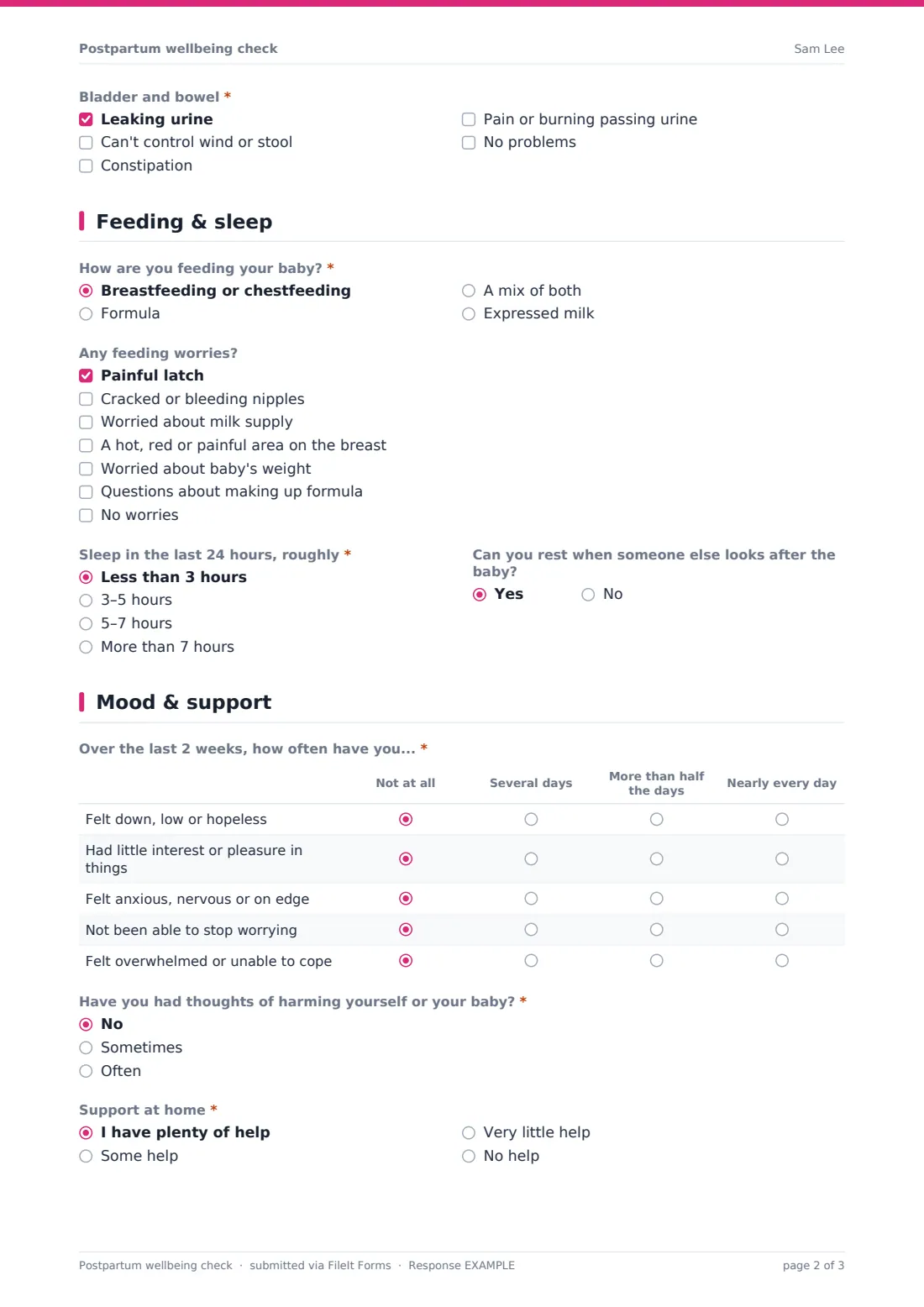 Postpartum wellbeing check — example response PDF, page 2 of 3