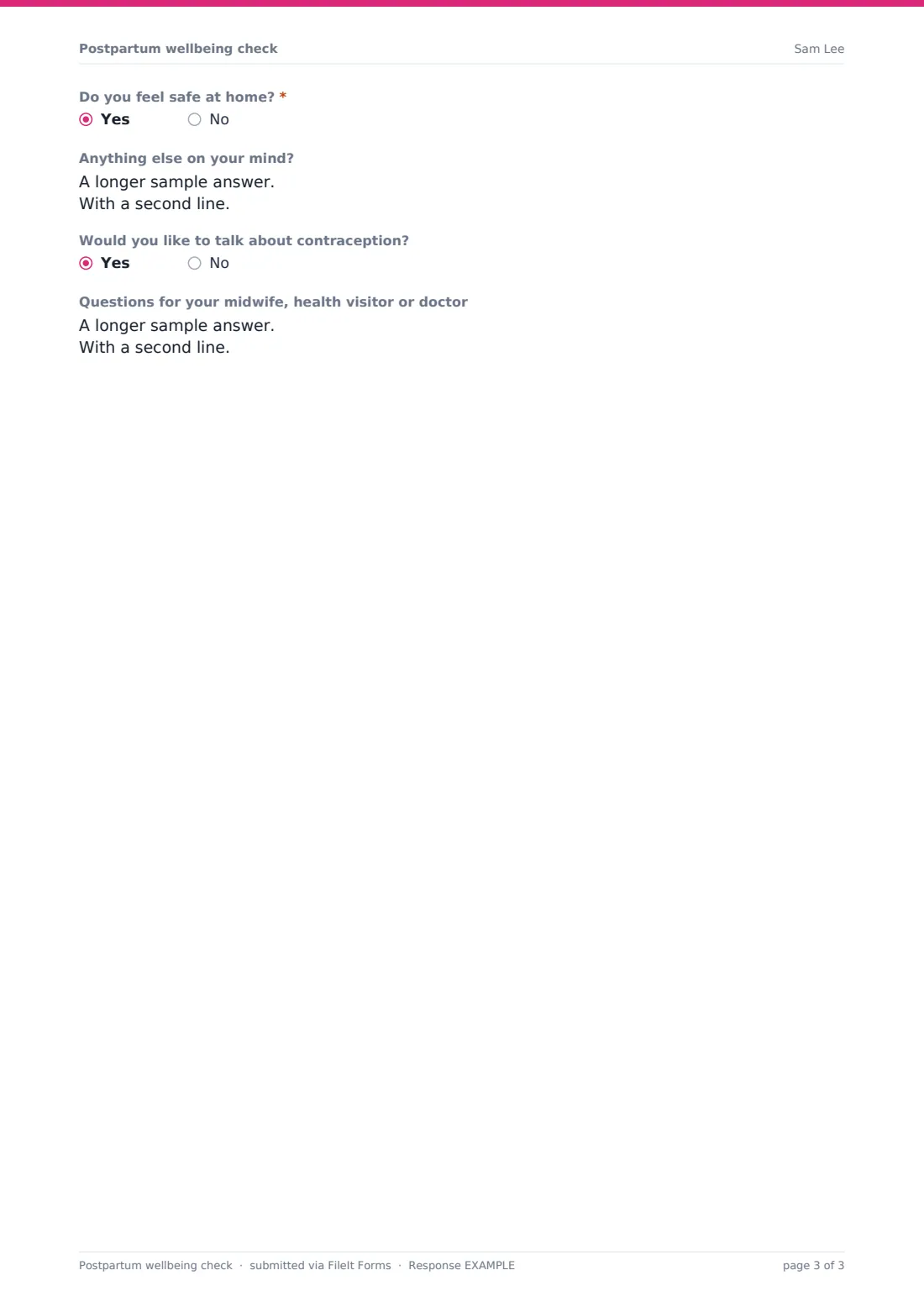 Postpartum wellbeing check — example response PDF, page 3 of 3