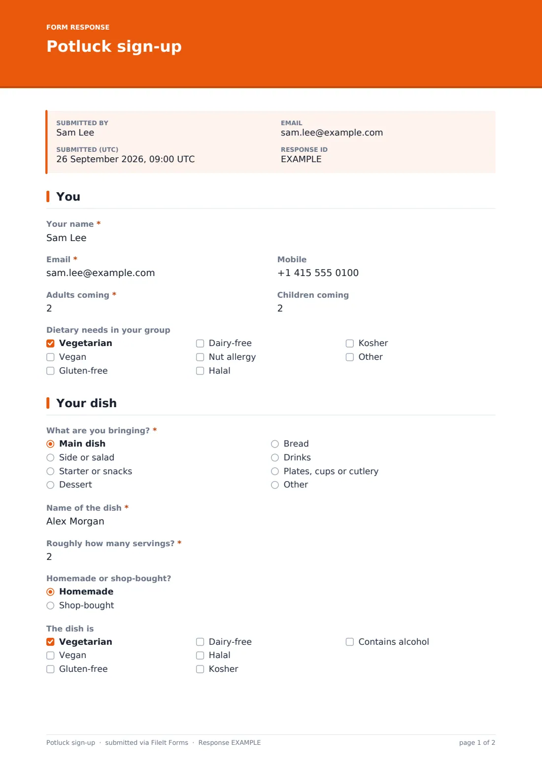Potluck sign-up — example response PDF, page 1 of 2
