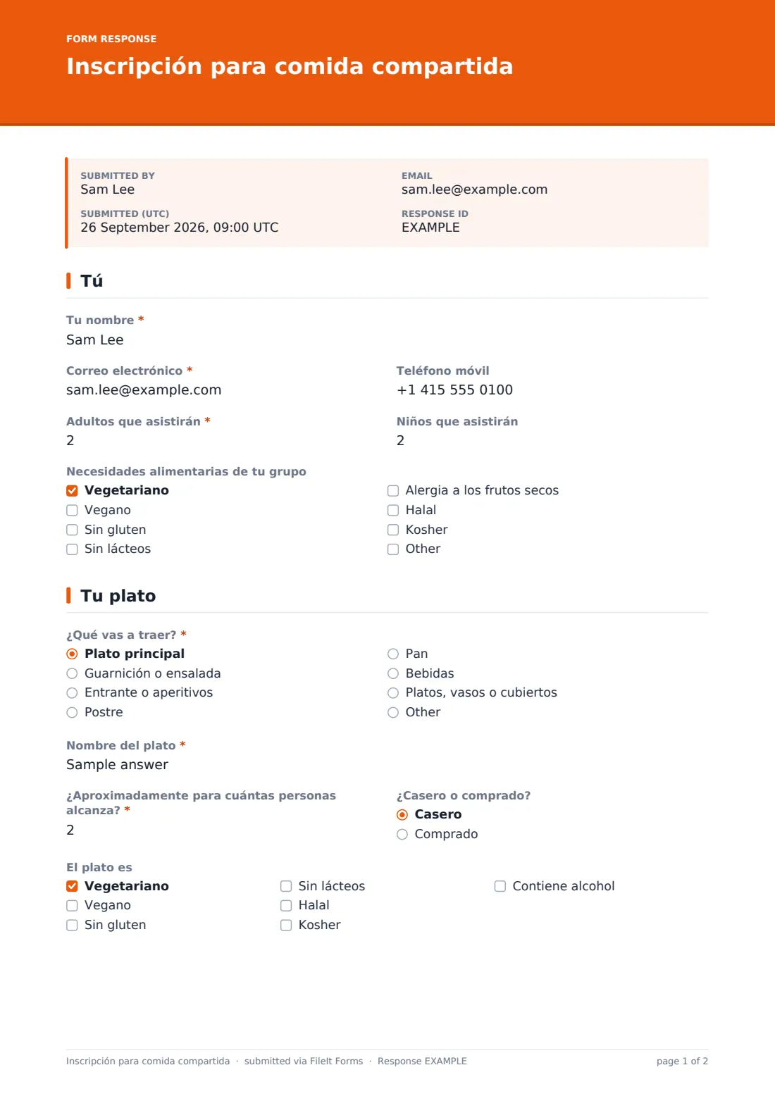 Inscripción para comida compartida — PDF de respuesta de ejemplo, página 1 de 2