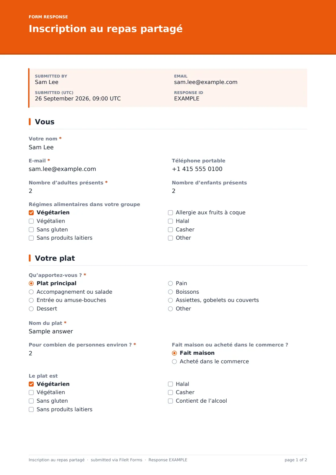 Inscription au repas partagé — exemple de réponse au format PDF, page 1 sur 2