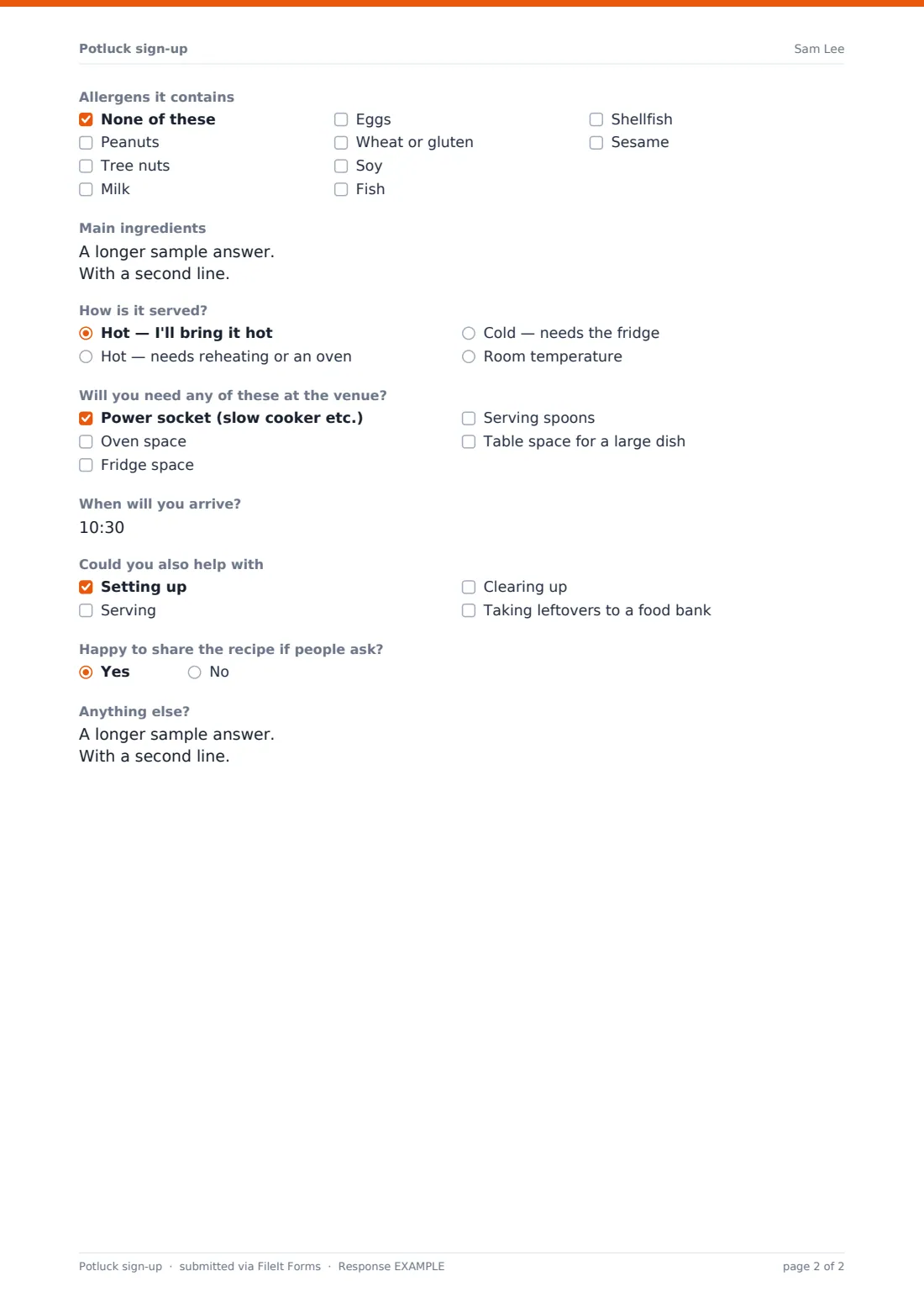 Potluck sign-up — example response PDF, page 2 of 2