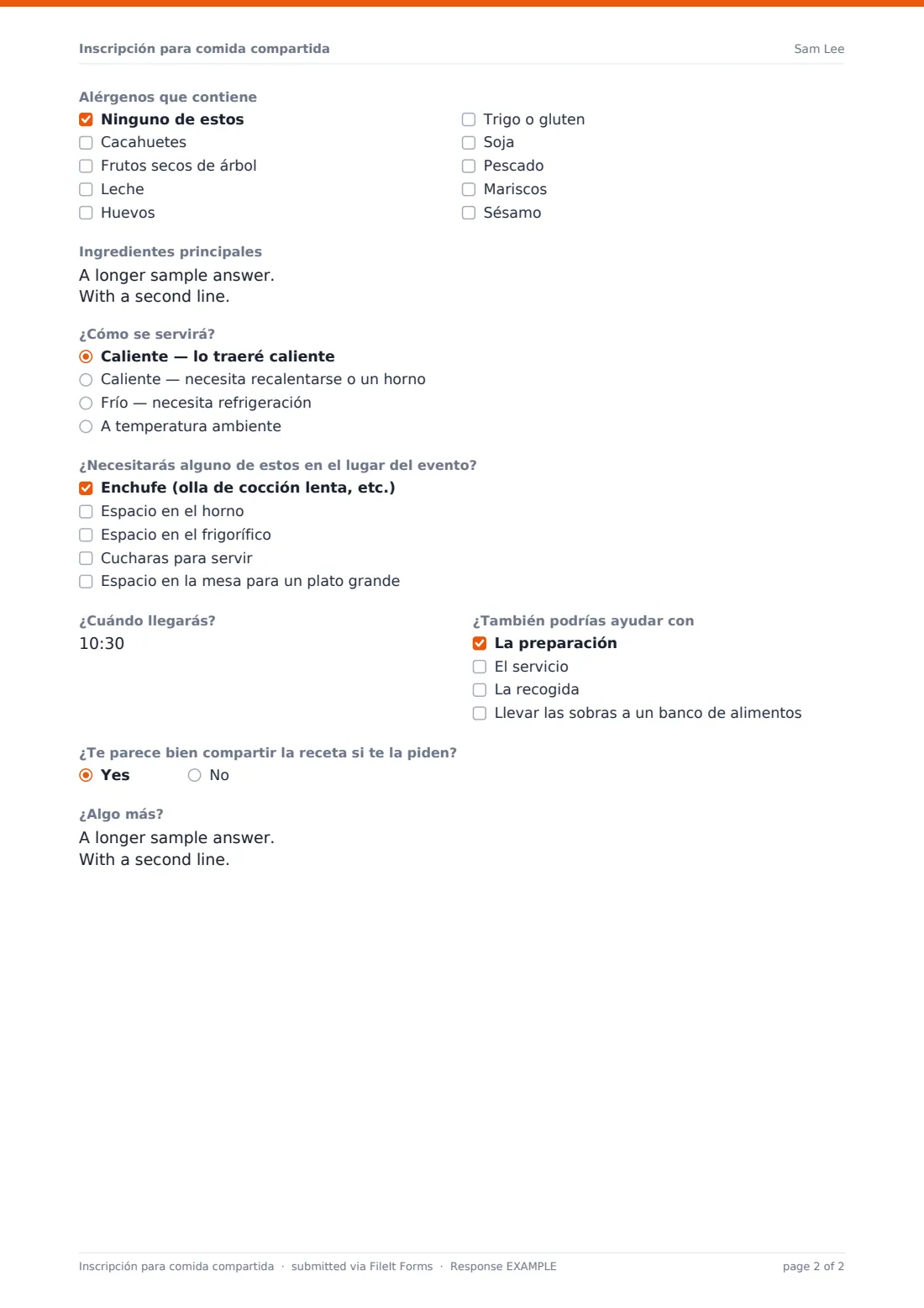 Inscripción para comida compartida — PDF de respuesta de ejemplo, página 2 de 2