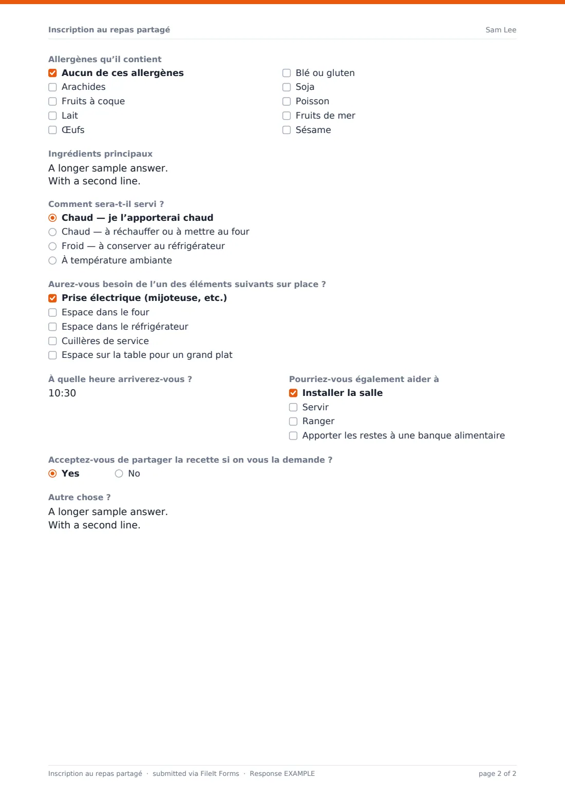 Inscription au repas partagé — exemple de réponse au format PDF, page 2 sur 2