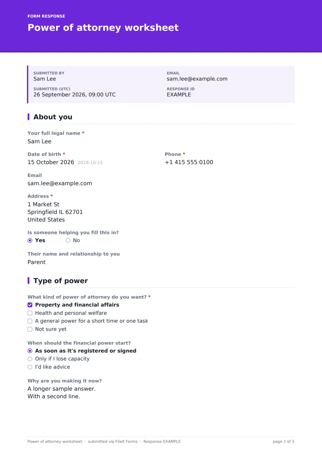 Power of attorney worksheet — example response PDF, page 1 of 3