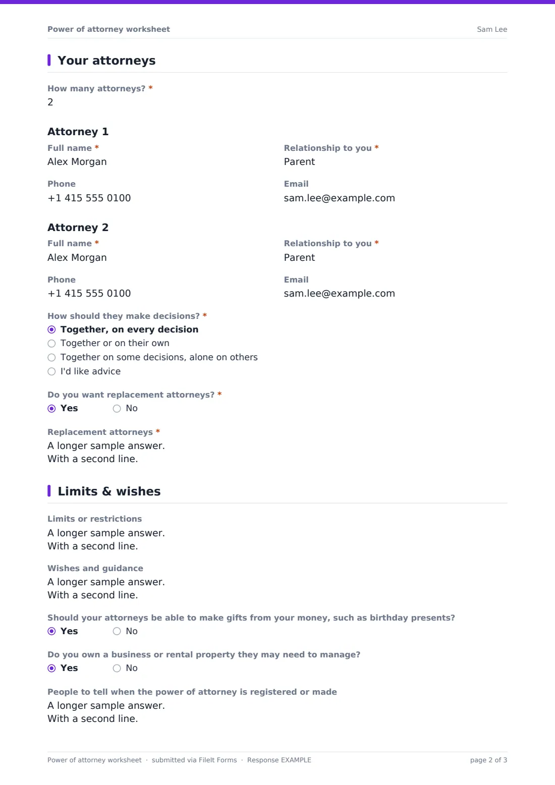 Power of attorney worksheet — example response PDF, page 2 of 3