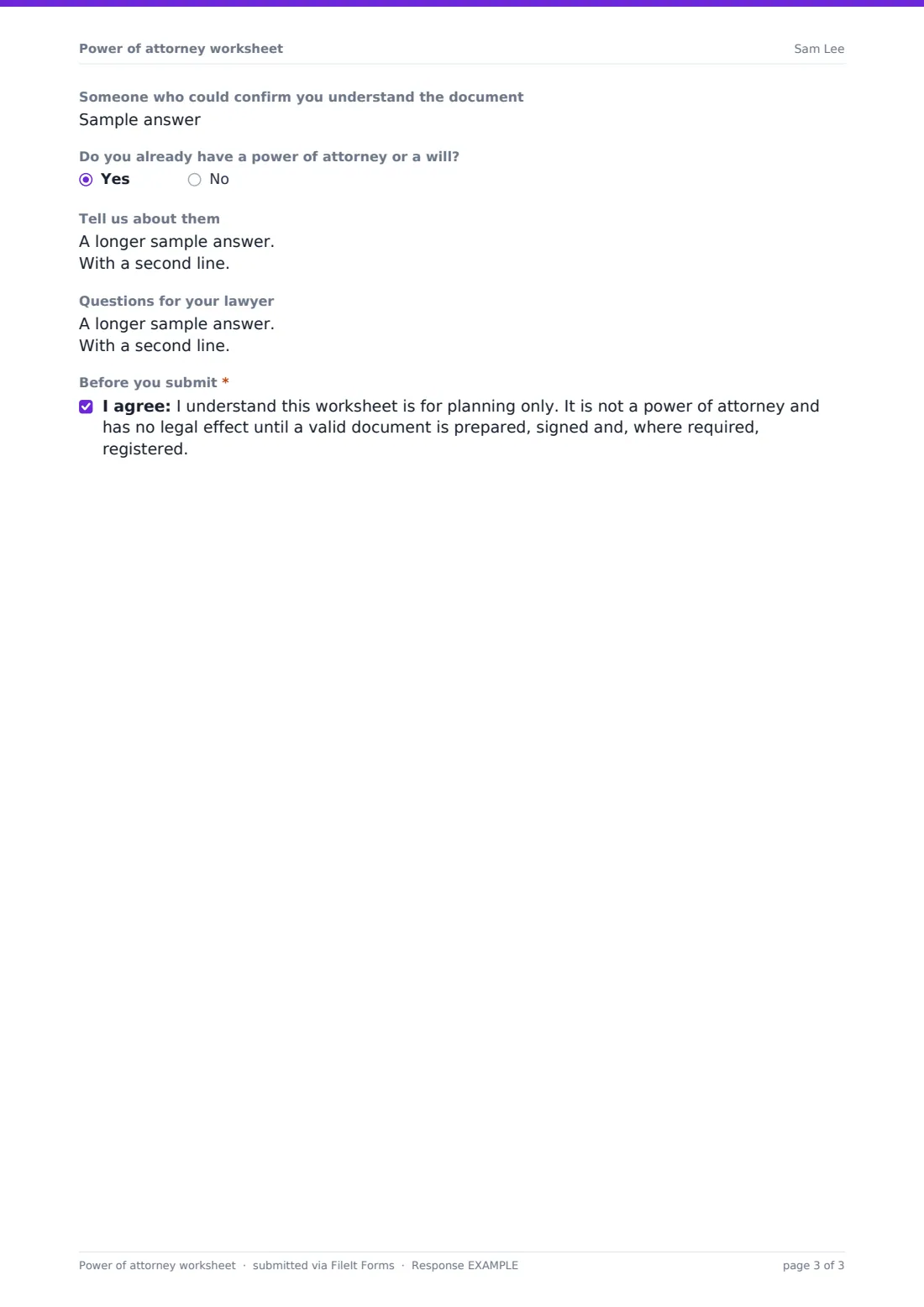 Power of attorney worksheet — example response PDF, page 3 of 3