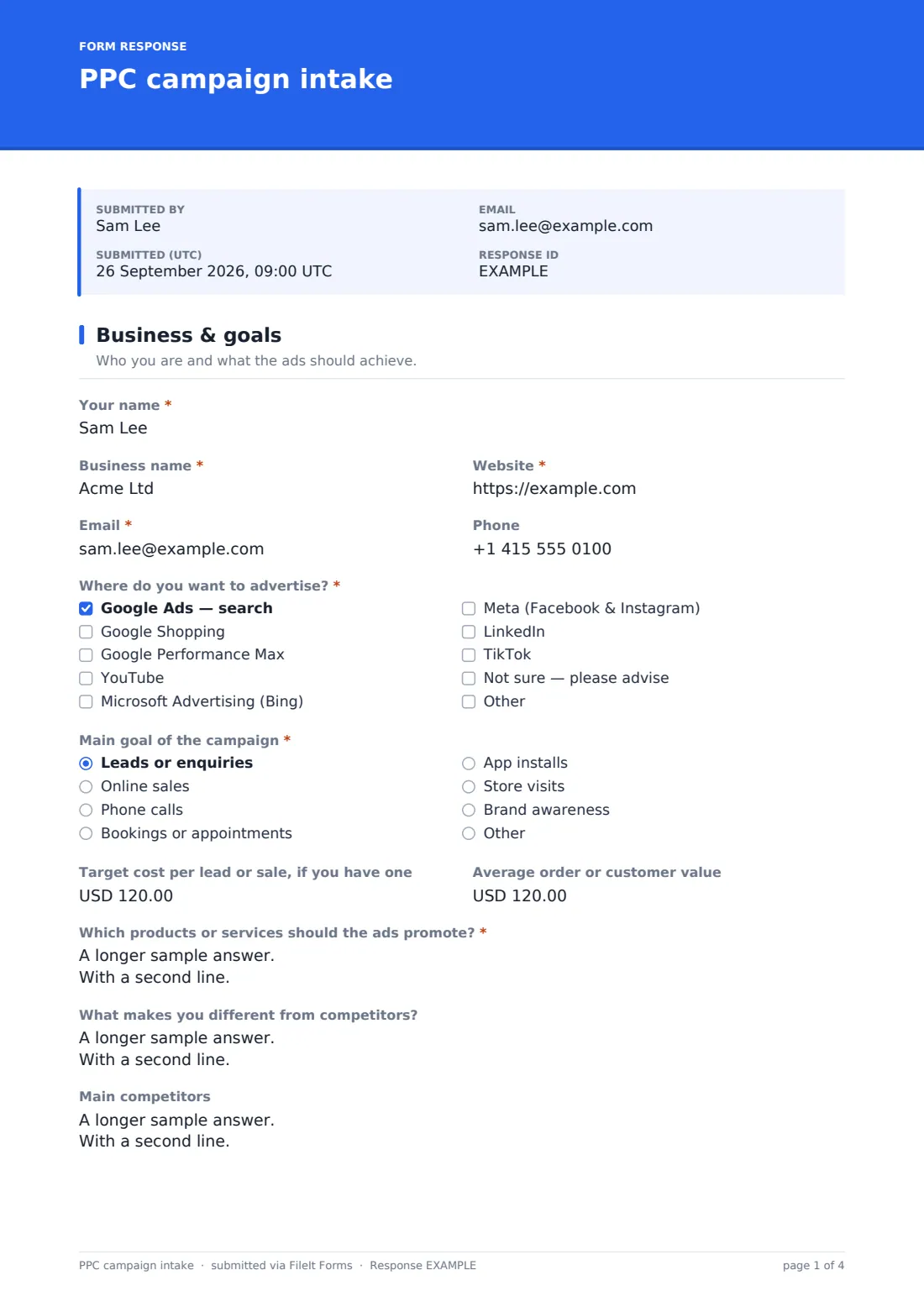 PPC campaign intake — example response PDF, page 1 of 4