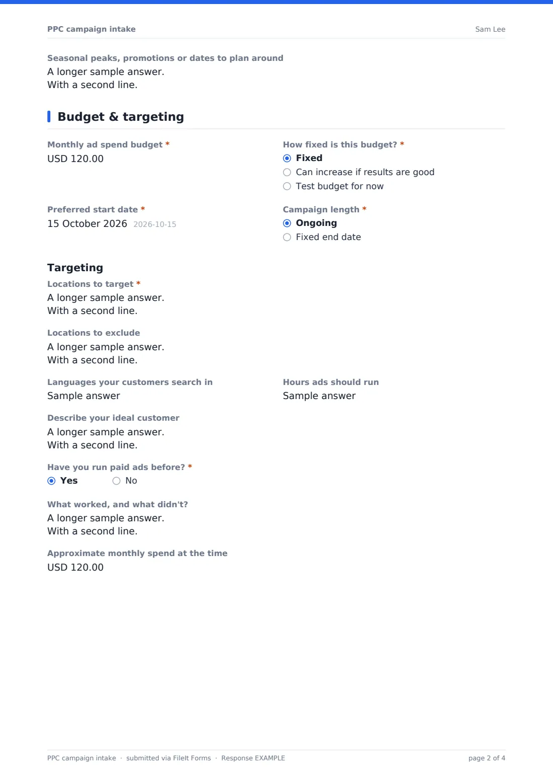 PPC campaign intake — example response PDF, page 2 of 4