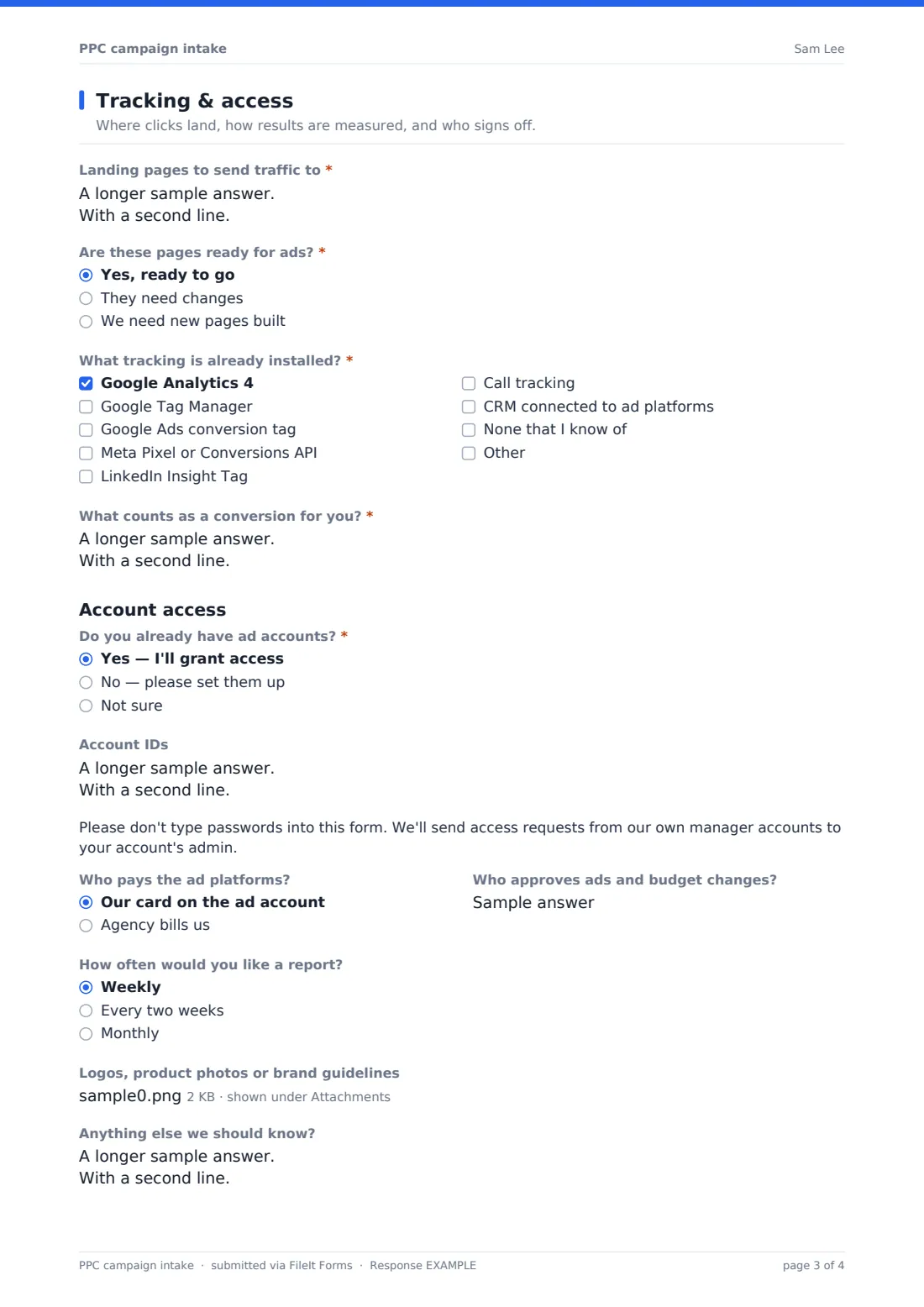 PPC campaign intake — example response PDF, page 3 of 4