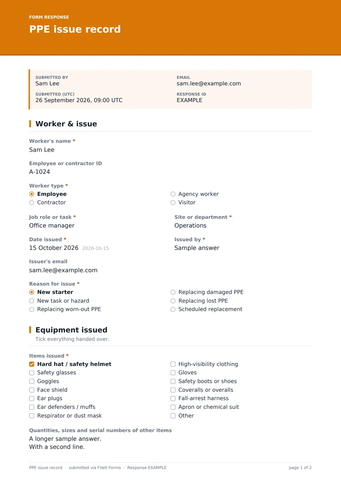 PPE issue record — example response PDF, page 1 of 2