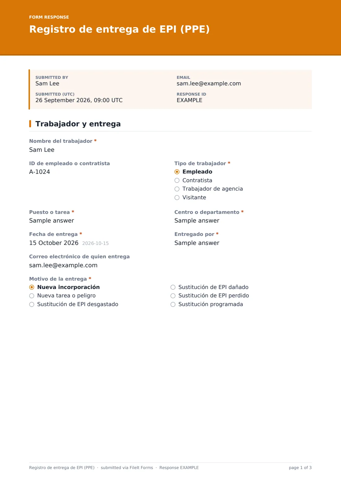 Registro de entrega de EPI (PPE) — PDF de respuesta de ejemplo, página 1 de 3