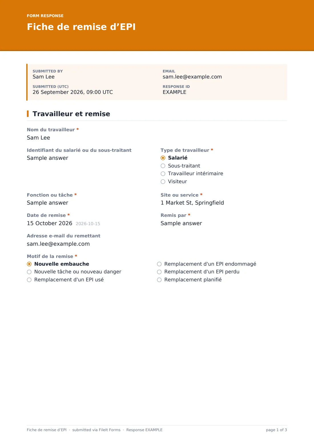 Fiche de remise d’EPI — exemple de réponse au format PDF, page 1 sur 3