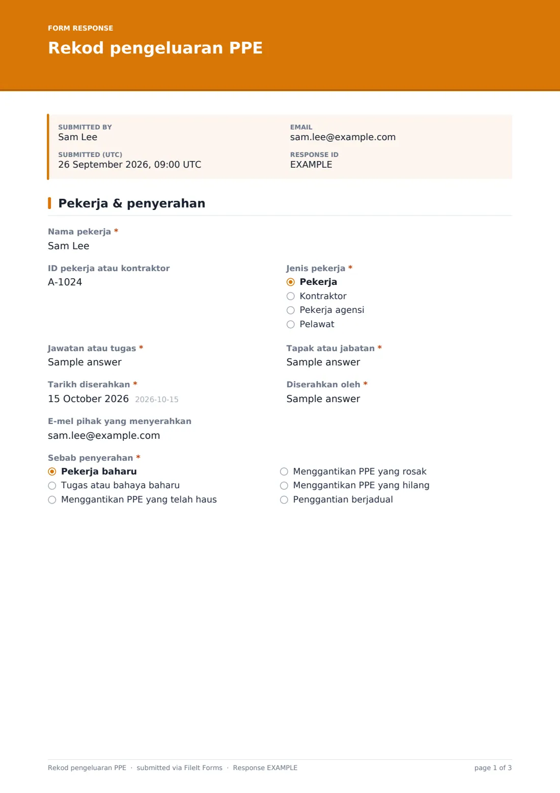 Rekod pengeluaran PPE — PDF respons contoh, halaman 1 daripada 3