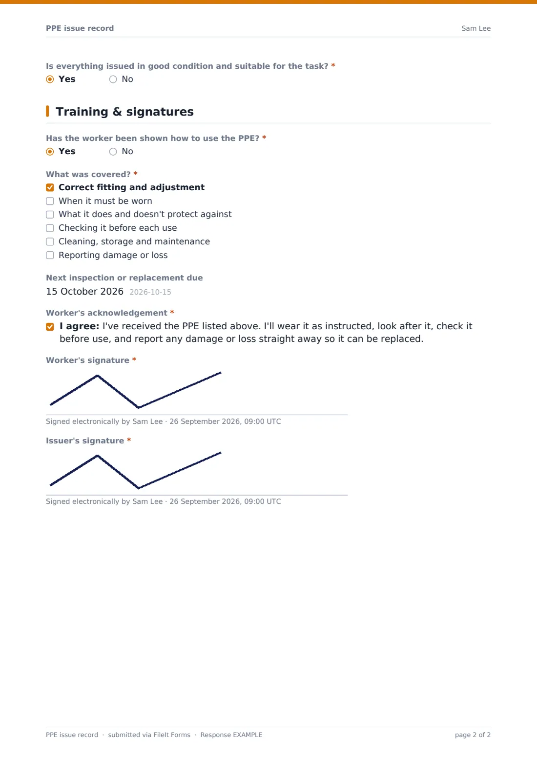 PPE issue record — example response PDF, page 2 of 2