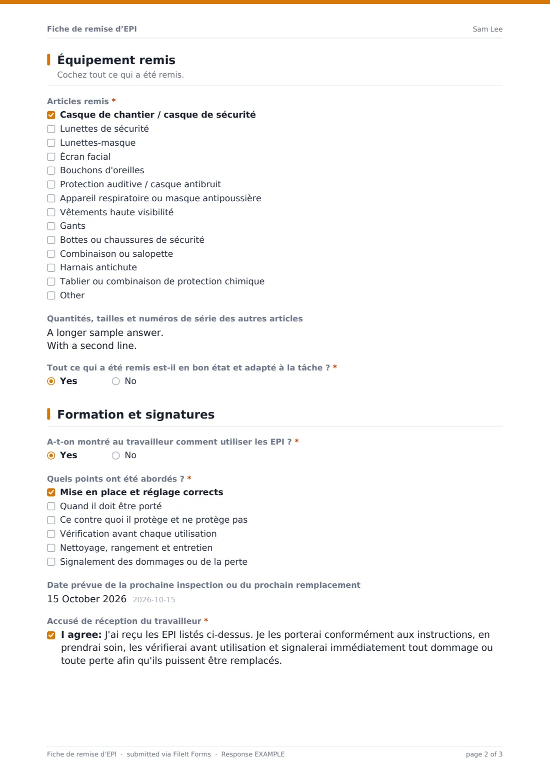 Fiche de remise d’EPI — exemple de réponse au format PDF, page 2 sur 3