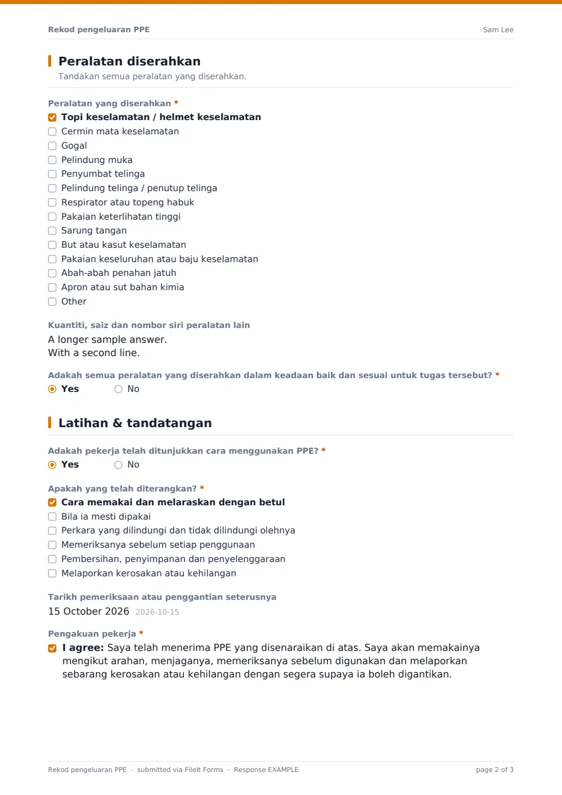 Rekod pengeluaran PPE — PDF respons contoh, halaman 2 daripada 3