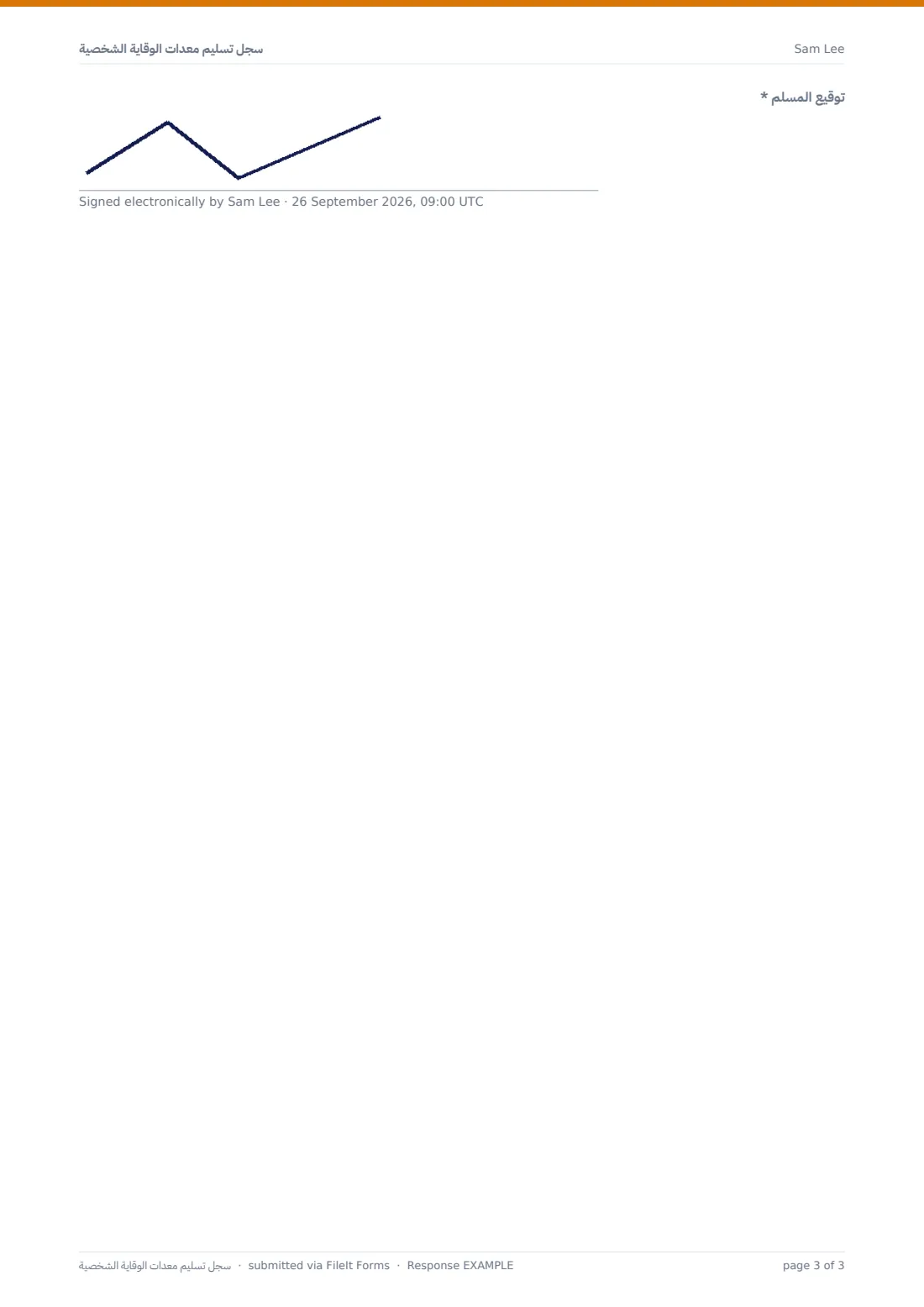 سجل تسليم معدات الوقاية الشخصية — ملف PDF لرد نموذجي، الصفحة 3 من 3
