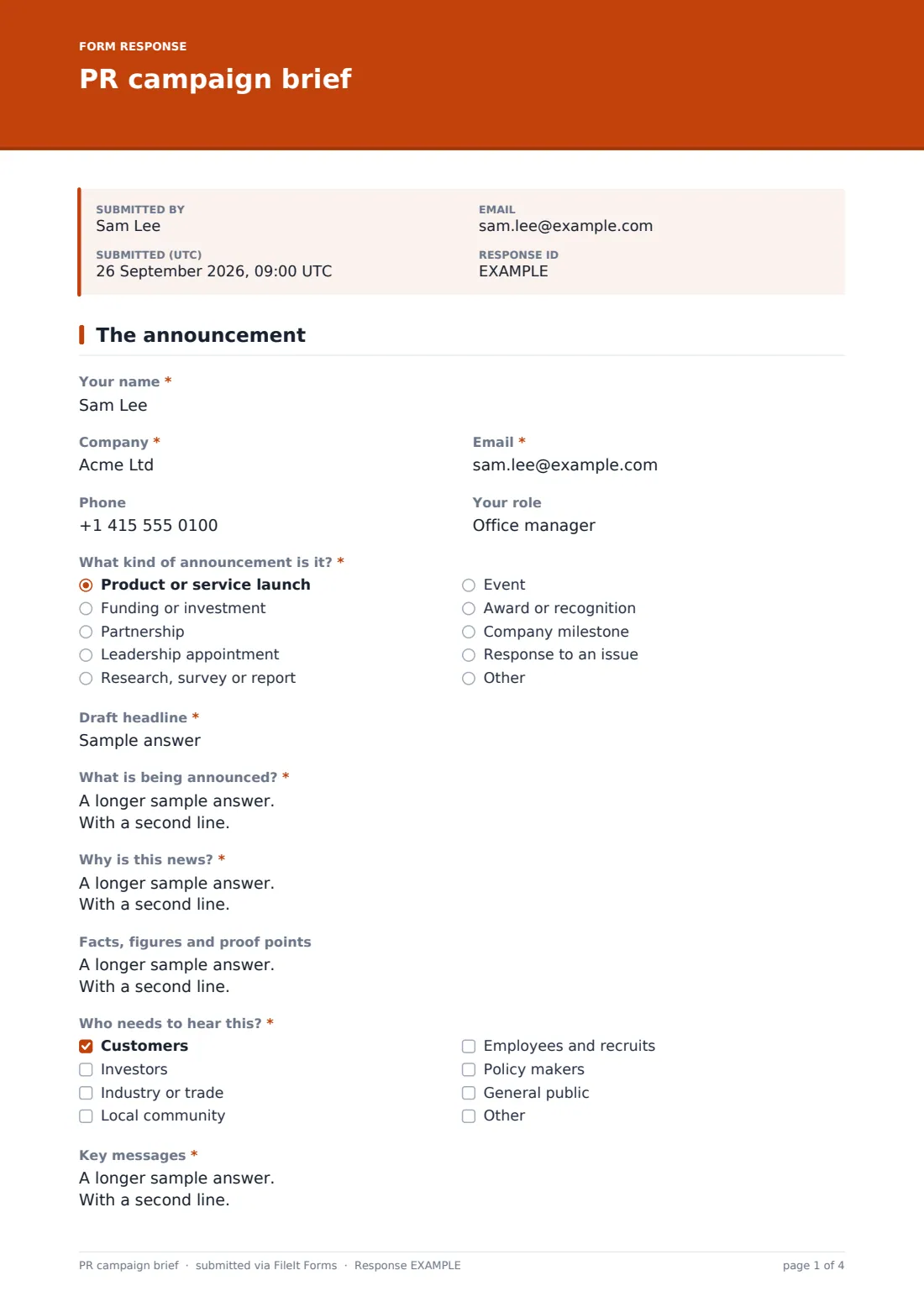 PR campaign brief — example response PDF, page 1 of 4
