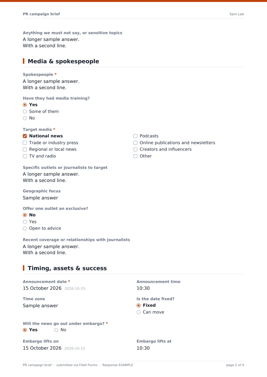 PR campaign brief — example response PDF, page 2 of 4