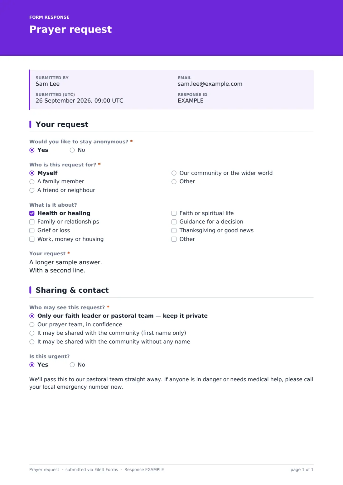 Prayer request — example response PDF, page 1 of 1