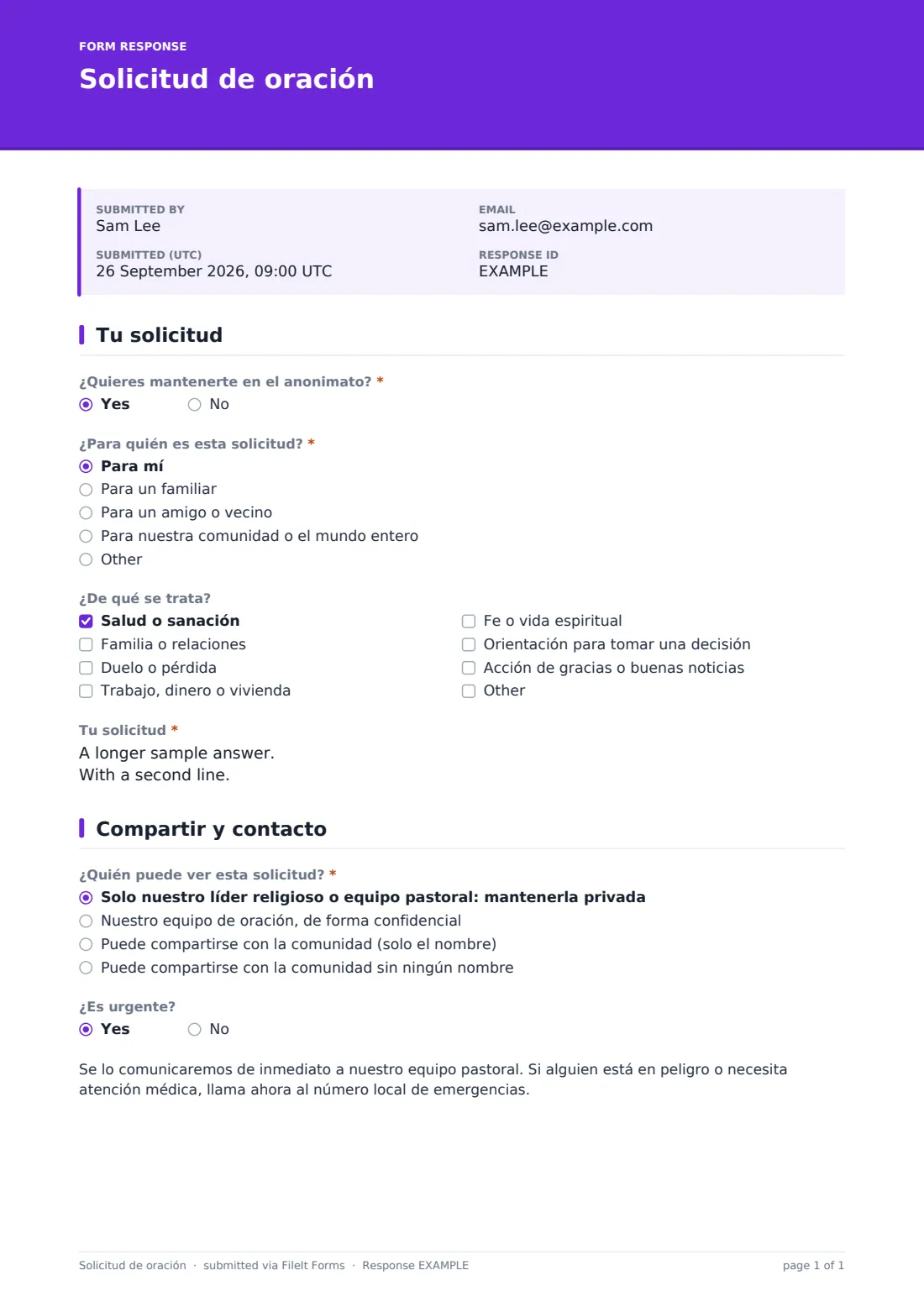 Solicitud de oración — PDF de respuesta de ejemplo, página 1 de 1