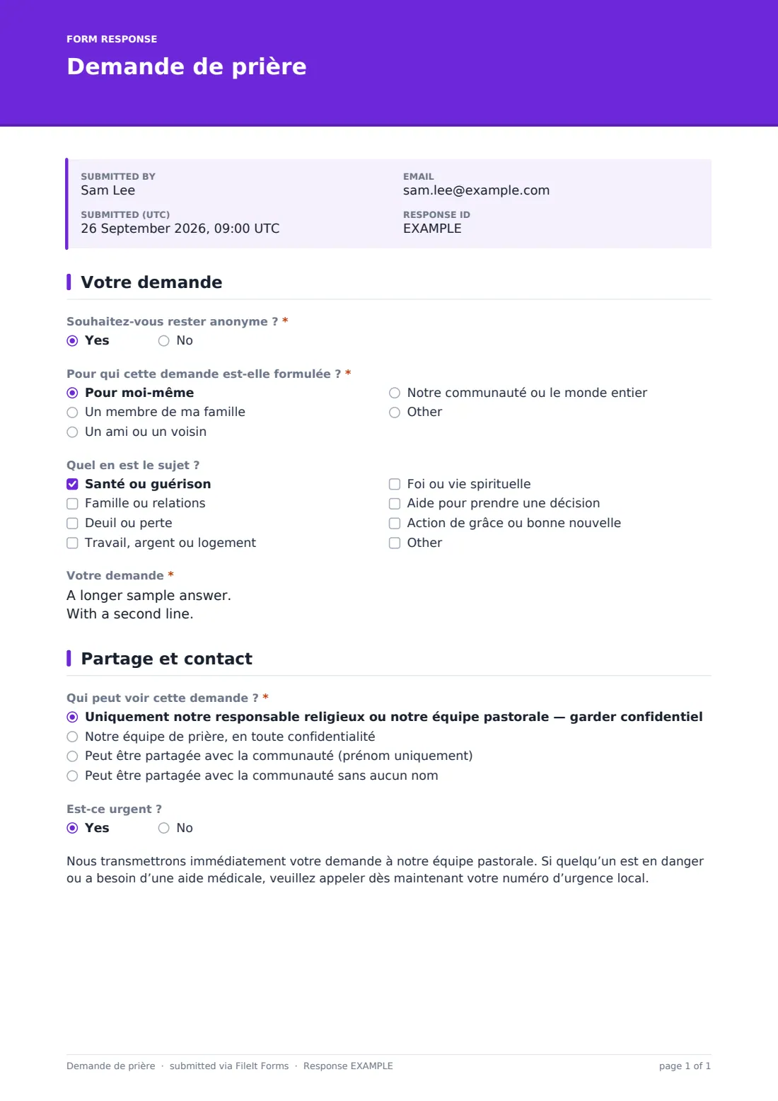 Demande de prière — exemple de réponse au format PDF, page 1 sur 1