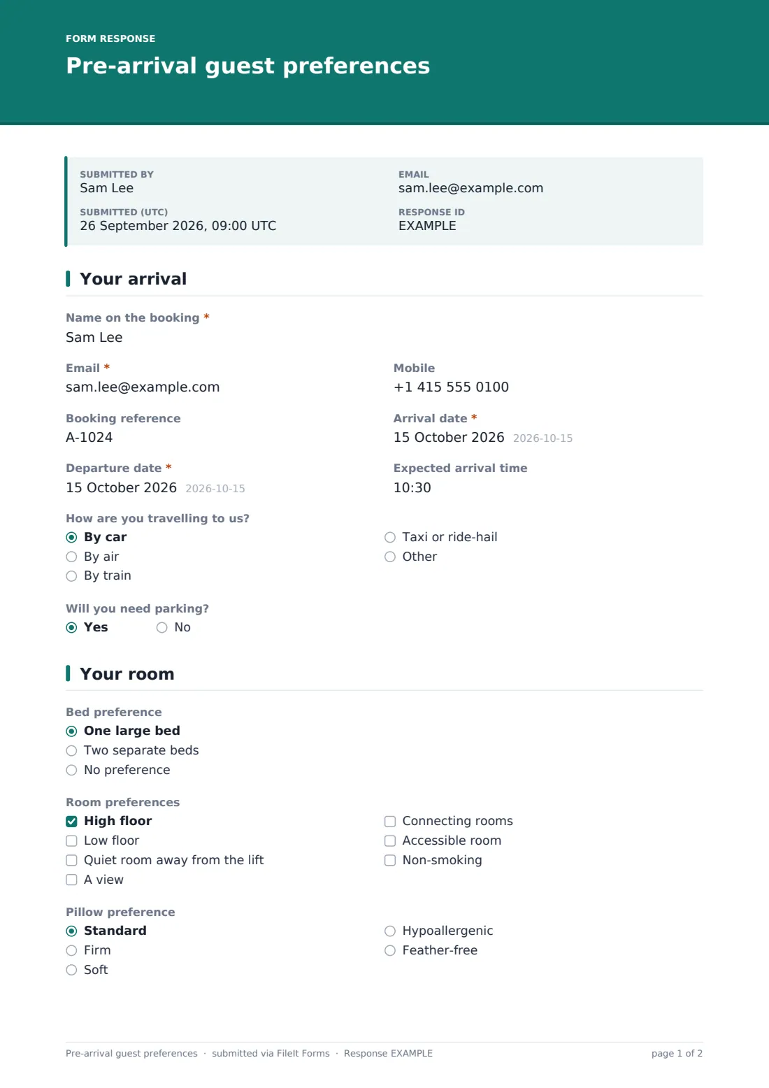 Pre-arrival guest preferences — example response PDF, page 1 of 2