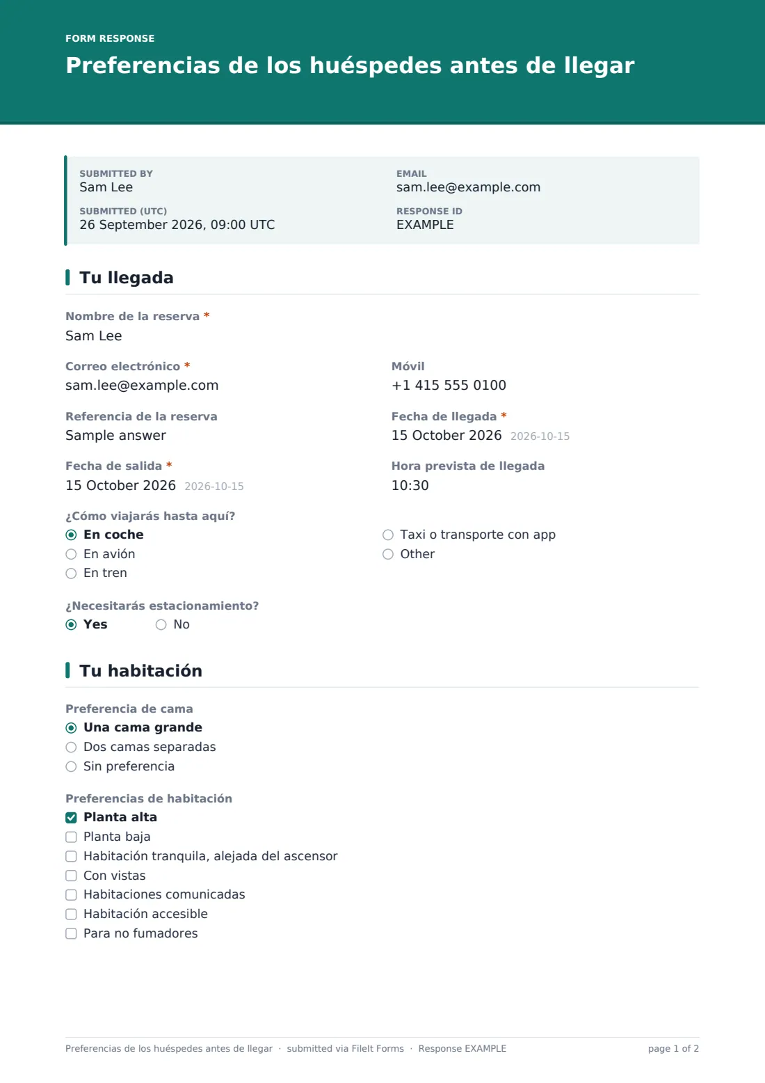 Preferencias de los huéspedes antes de llegar — PDF de respuesta de ejemplo, página 1 de 2