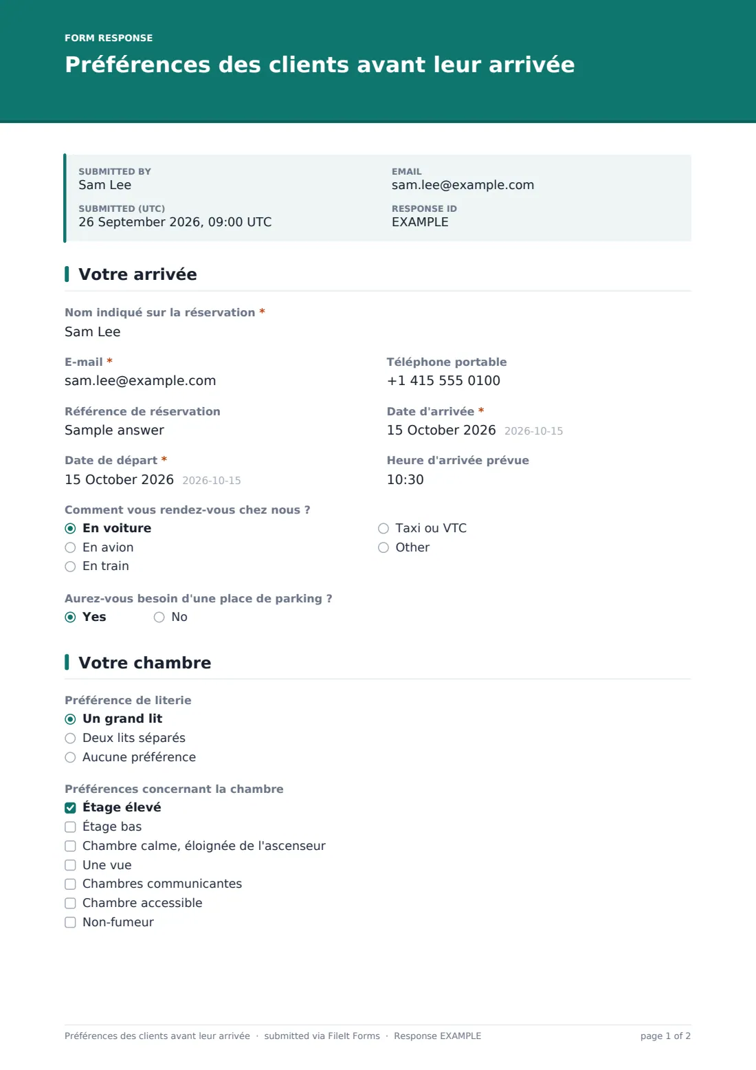 Préférences des clients avant leur arrivée — exemple de réponse au format PDF, page 1 sur 2