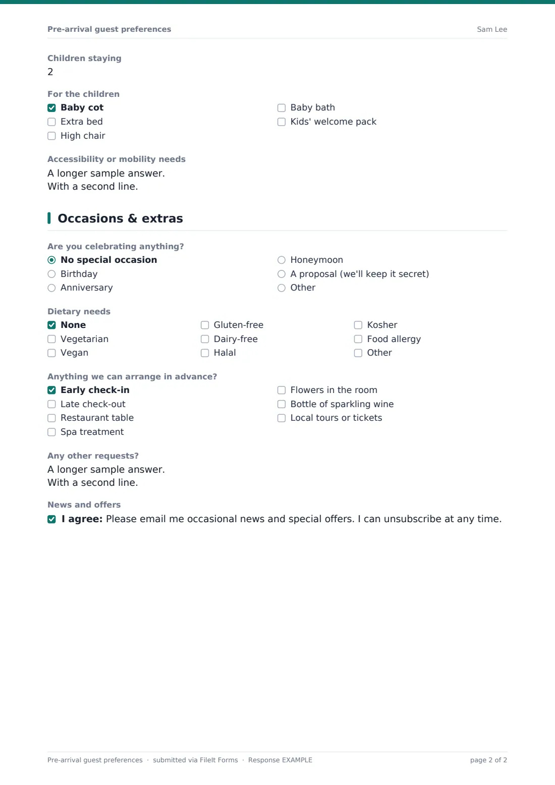 Pre-arrival guest preferences — example response PDF, page 2 of 2