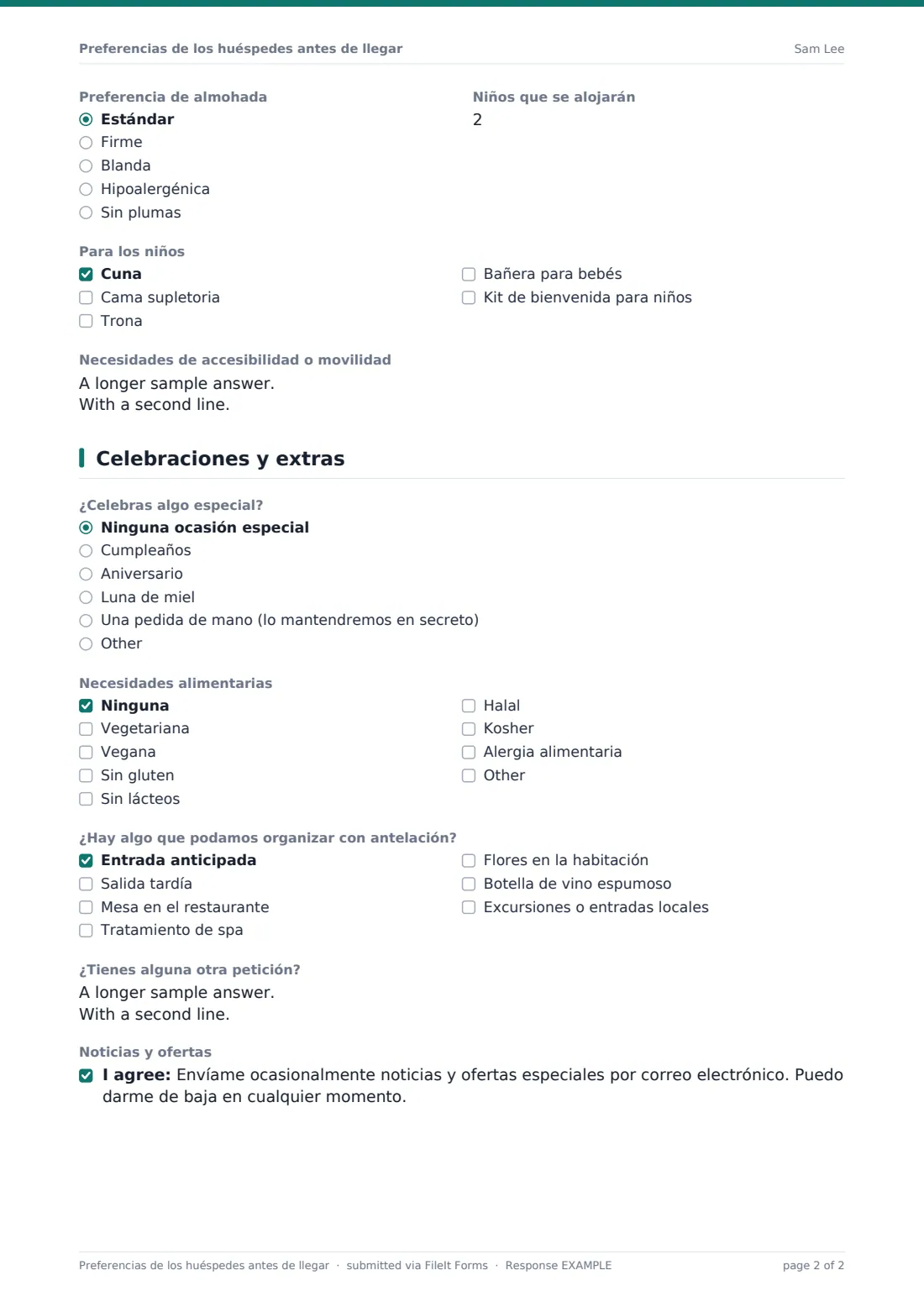 Preferencias de los huéspedes antes de llegar — PDF de respuesta de ejemplo, página 2 de 2