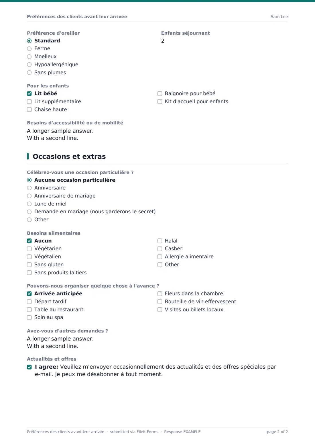 Préférences des clients avant leur arrivée — exemple de réponse au format PDF, page 2 sur 2