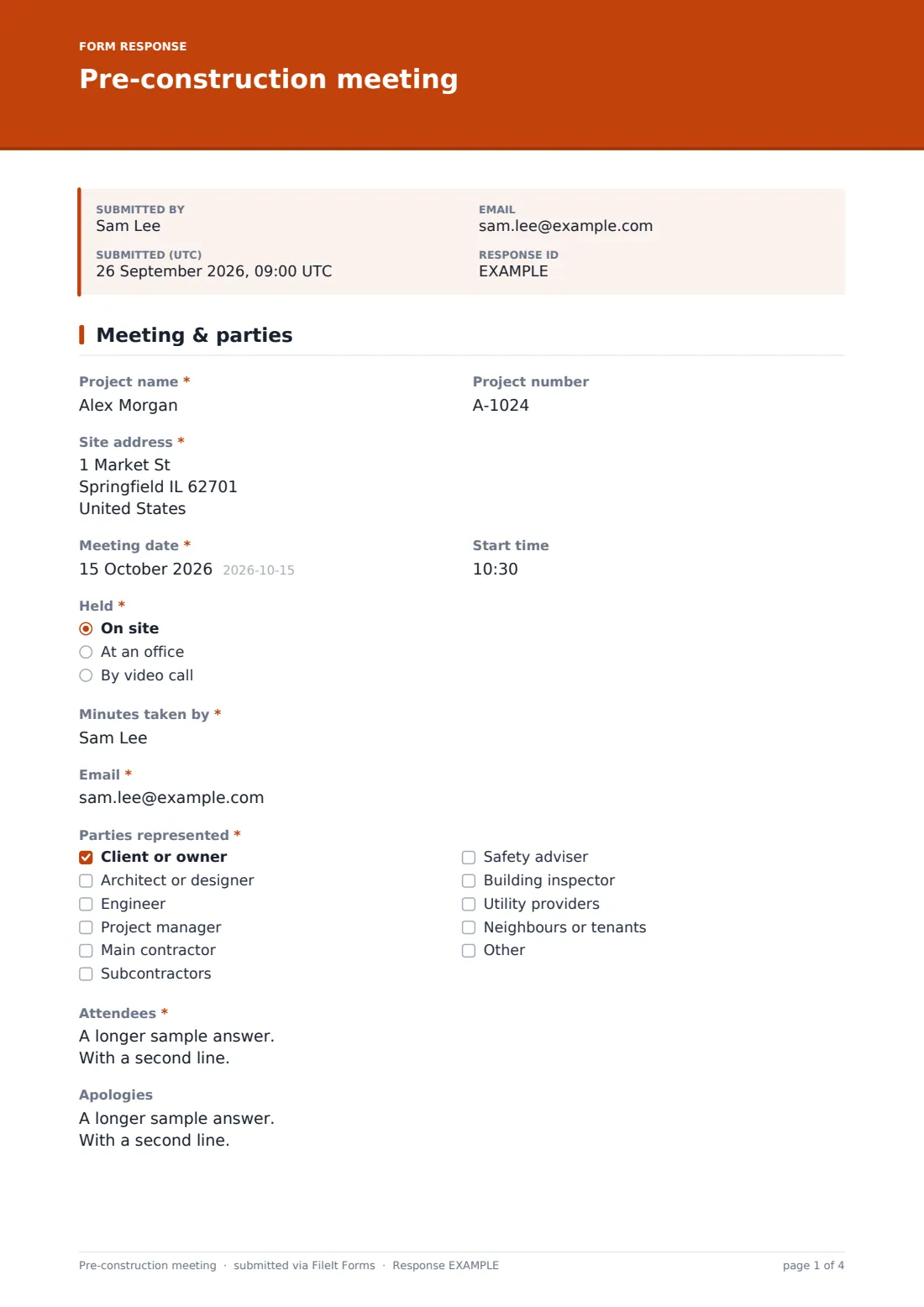 Pre-construction meeting — example response PDF, page 1 of 4