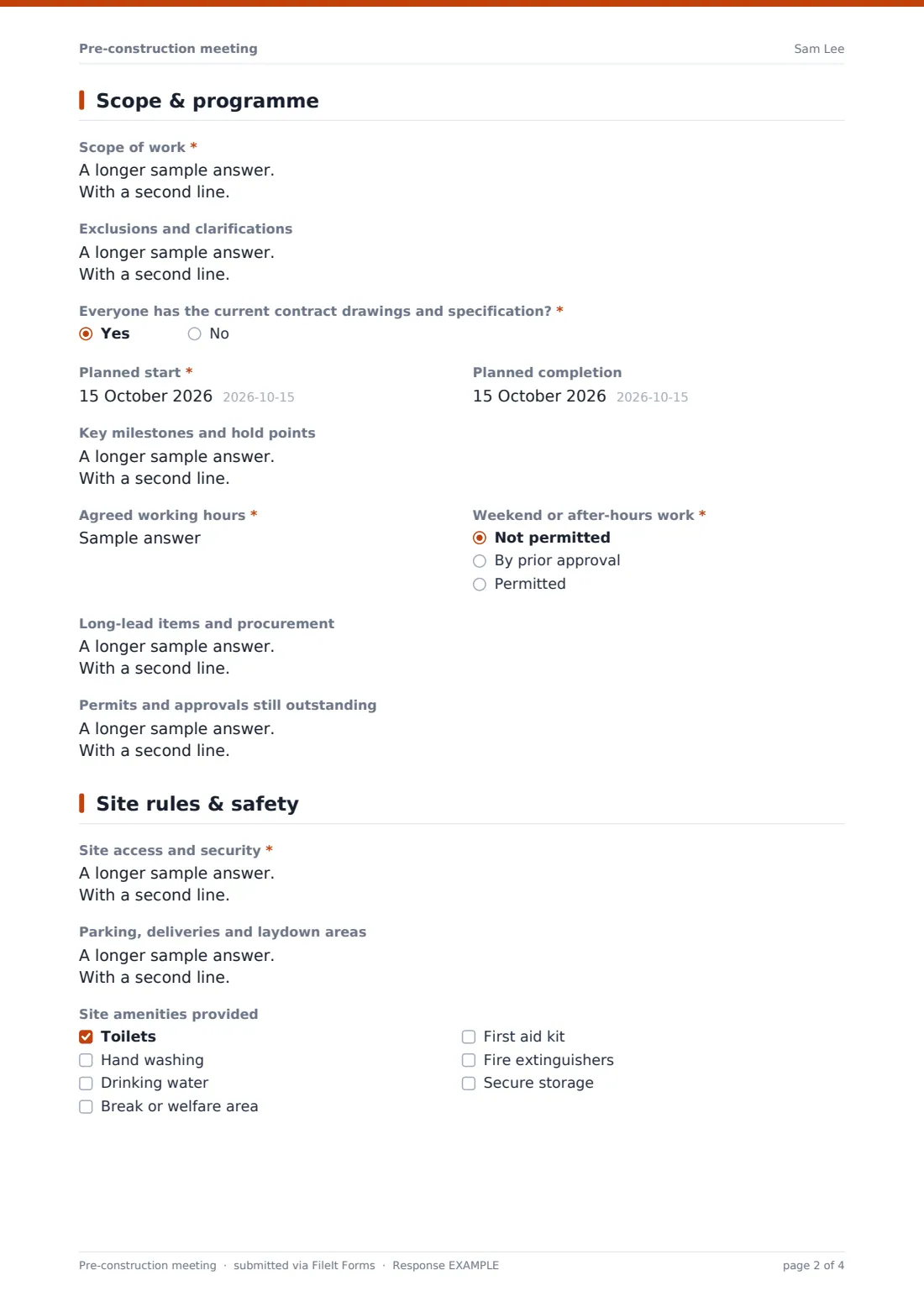 Pre-construction meeting — example response PDF, page 2 of 4